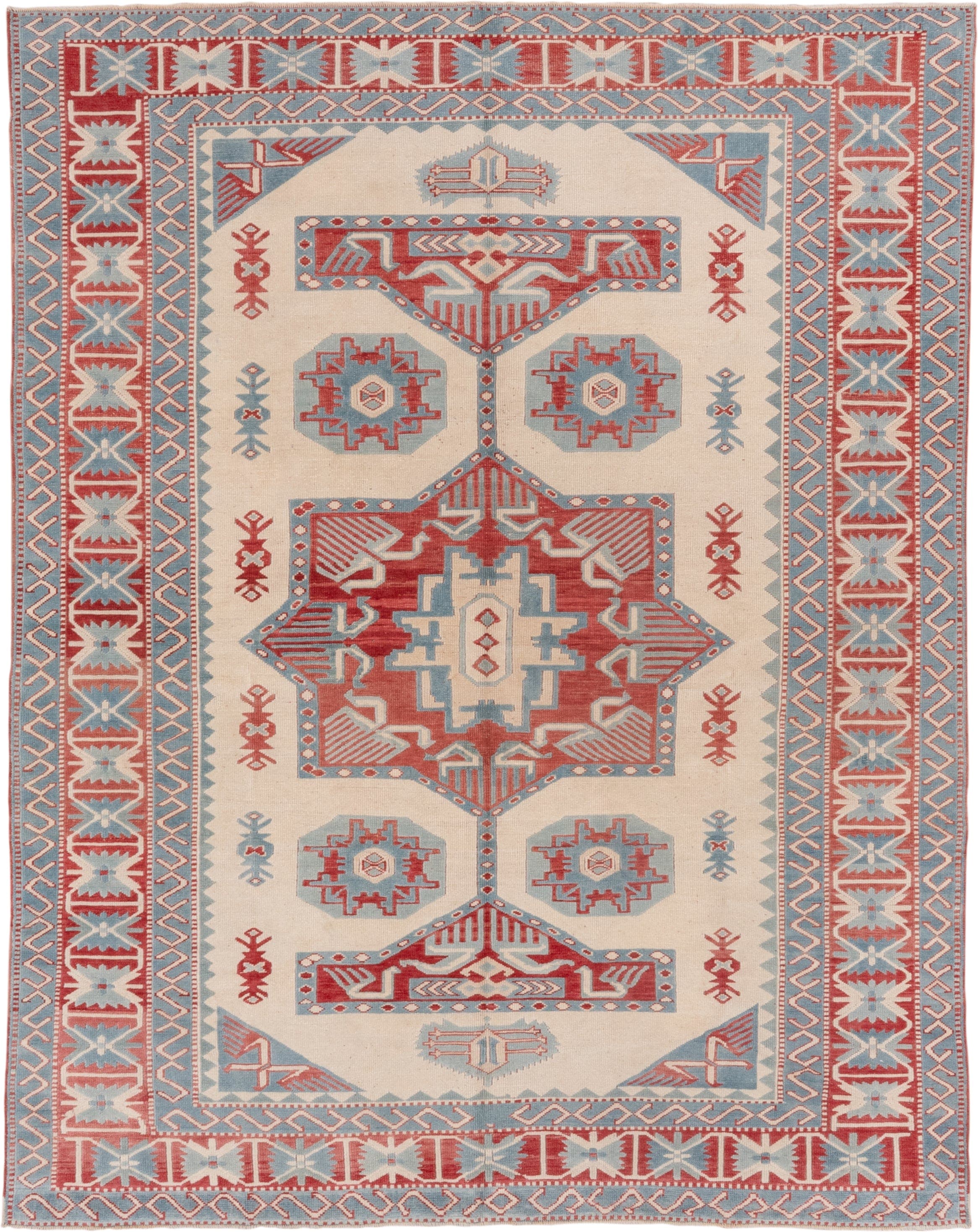 7' x 9' one-of-a-kind handmade vintage Oushak rug. Color palette: ivory, sky blue, rust, brick red, cream, light blue