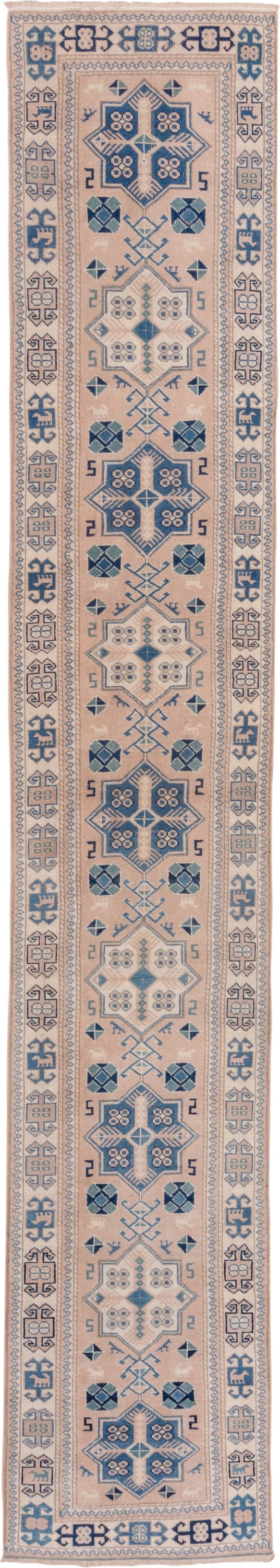 2' x 15' one-of-a-kind handmade vintage Oushak runner rug. Color palette: blush, denim, ivory, taupe, slate, pink, blue