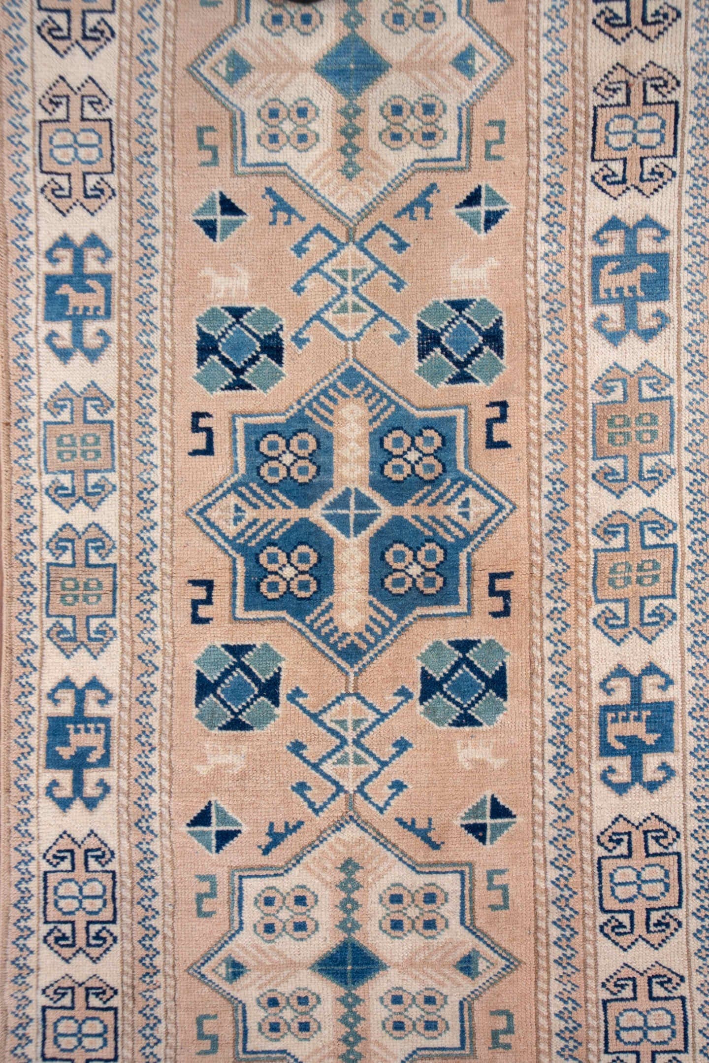 2' x 15' one-of-a-kind handmade vintage Oushak runner rug. Color palette: blush, denim, ivory, taupe, slate, pink, blue