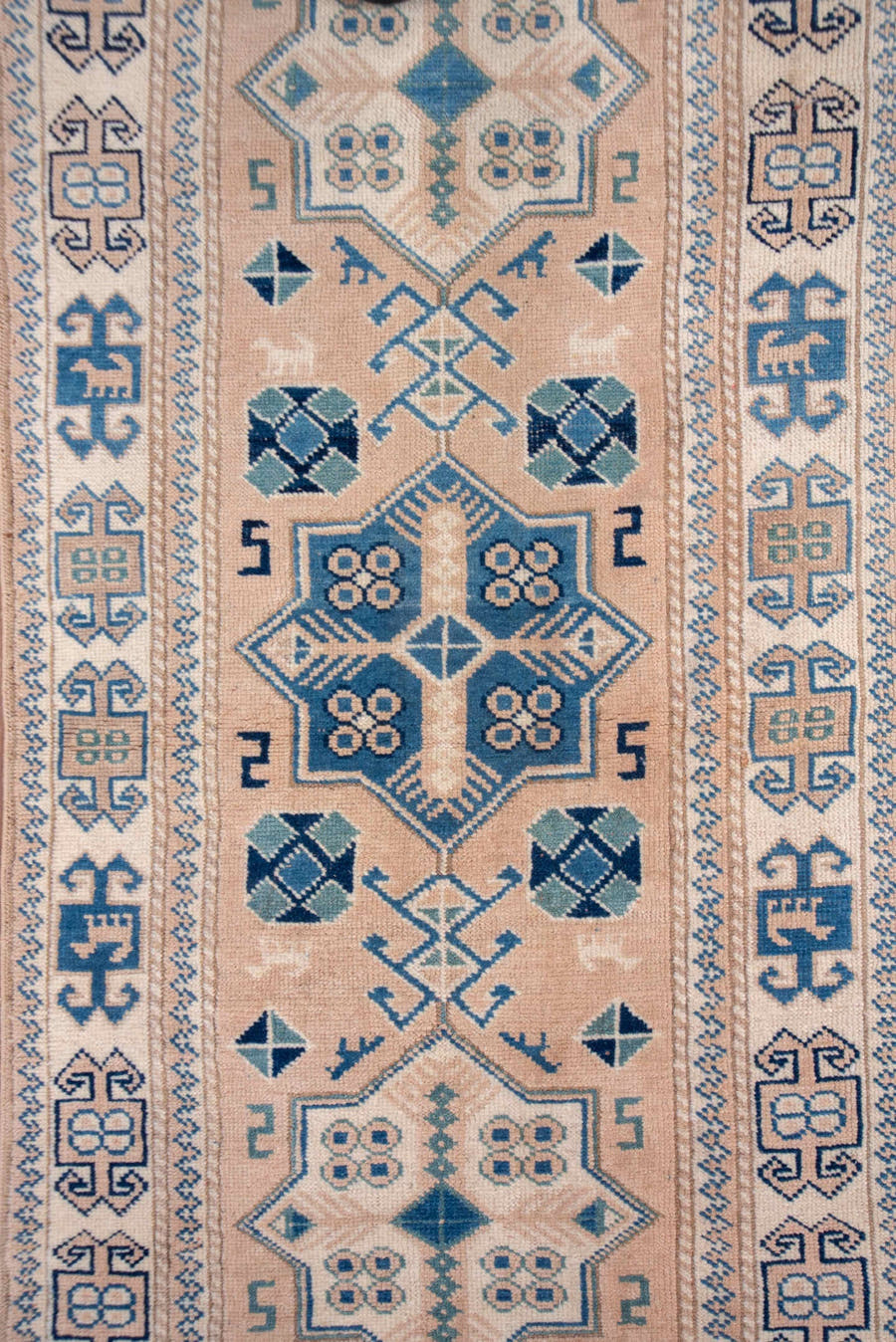 2' x 15' one-of-a-kind handmade vintage Oushak runner rug. Color palette: blush, denim, ivory, taupe, slate, pink, blue