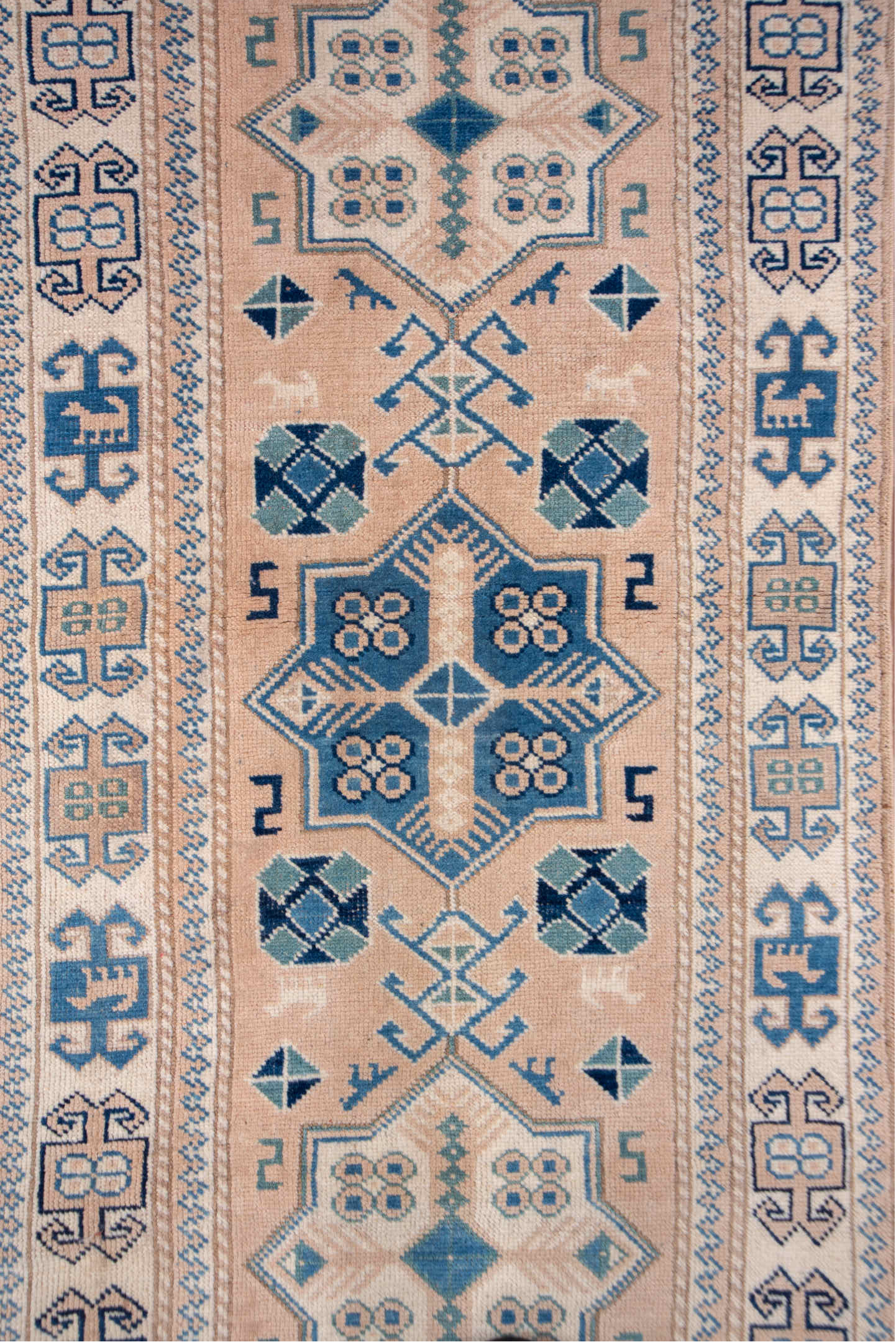 2' x 15' one-of-a-kind handmade vintage Oushak runner rug. Color palette: blue, brown, fiord, gray, light gray, off-white