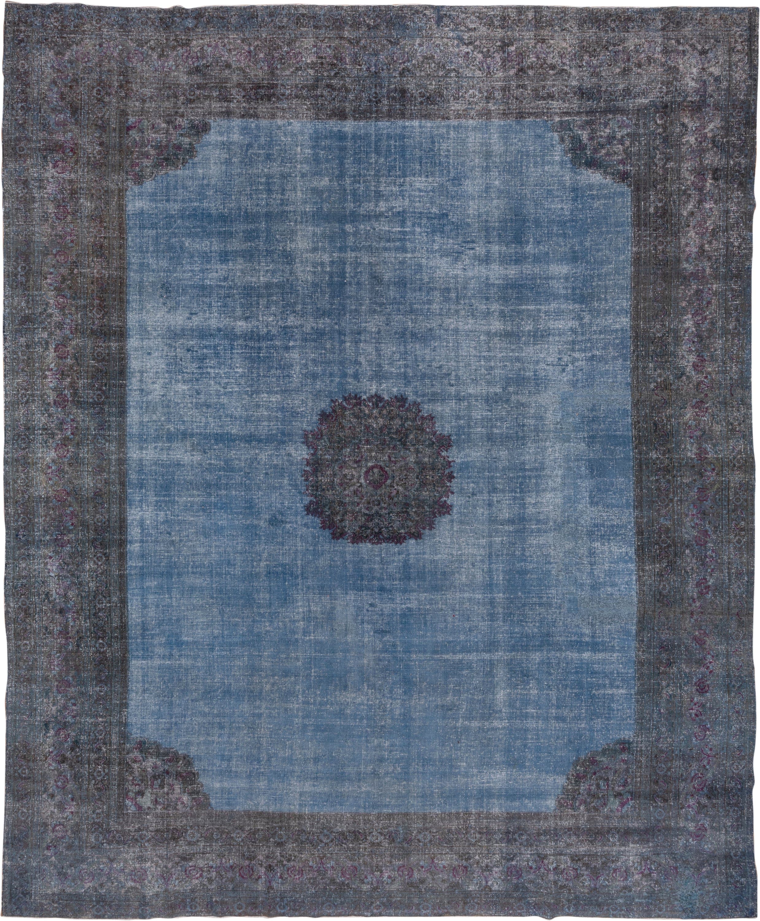 13' x 15' one-of-a-kind handmade vintage Overdyed oversize rug. Color palette: blue, charcoal, slate, lavender, plum, gray