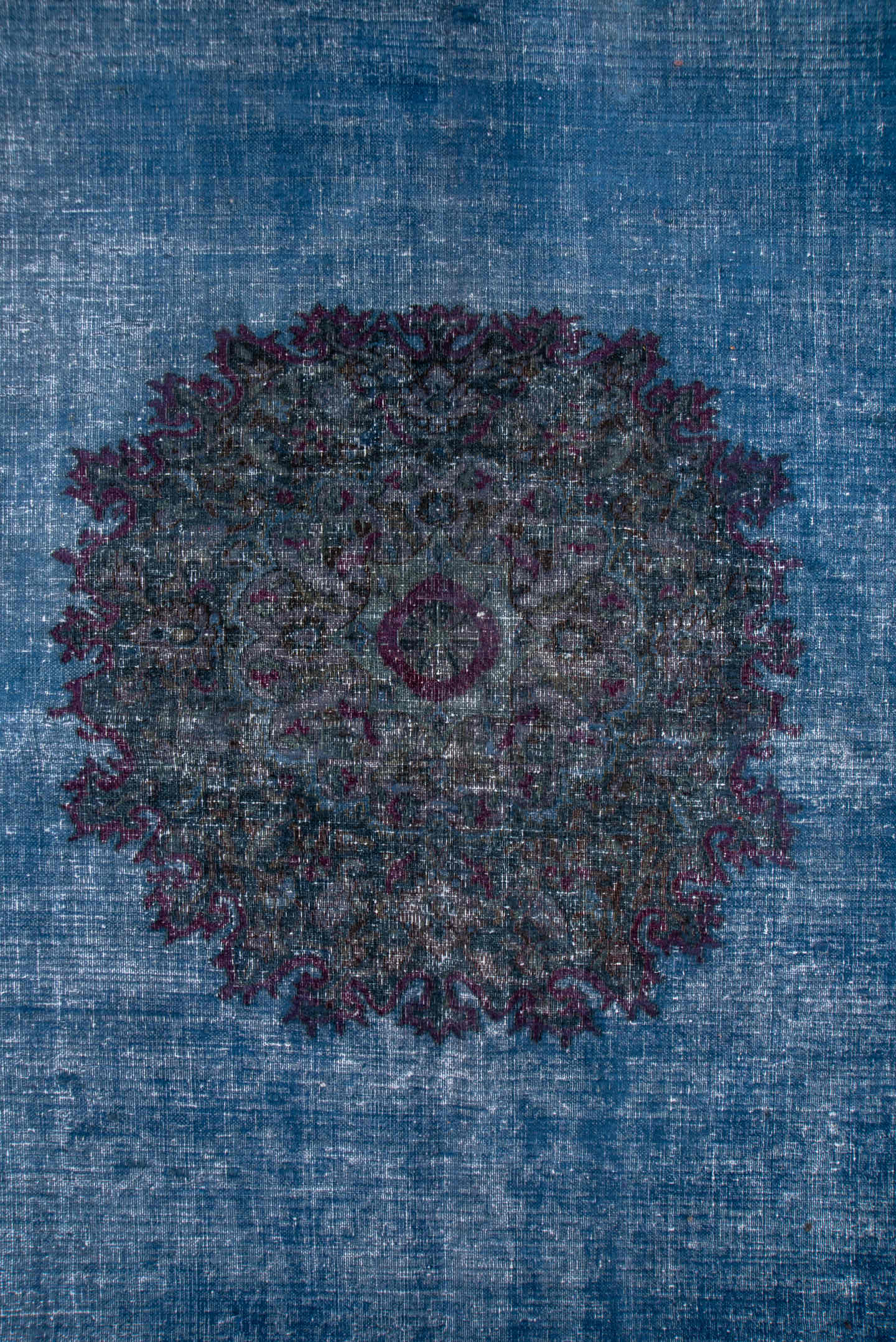 13' x 15' one-of-a-kind handmade vintage Overdyed oversize rug. Color palette: blue, charcoal, slate, lavender, plum, gray