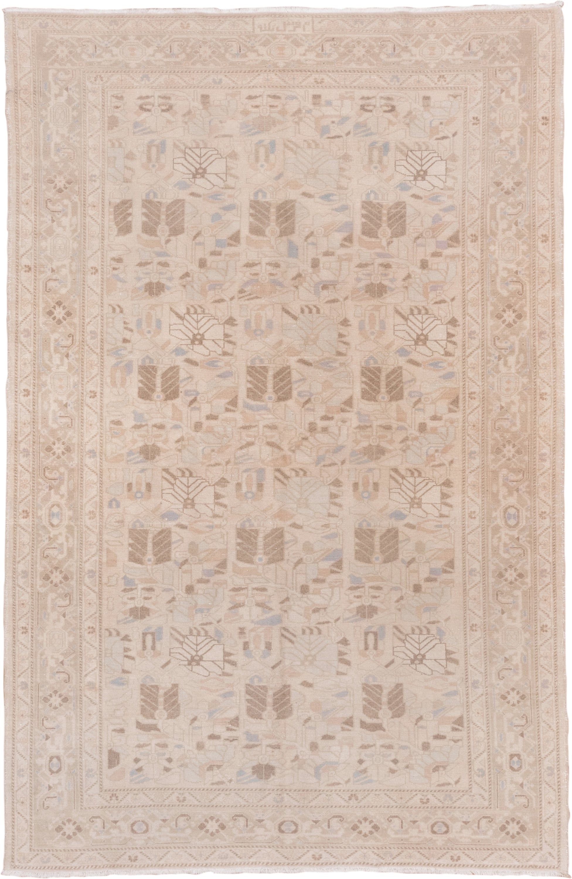 6' x 9' one-of-a-kind handmade vintage Oushak medium size rug. Color palette: ivory, blush, taupe, pale_blue, beige, sand