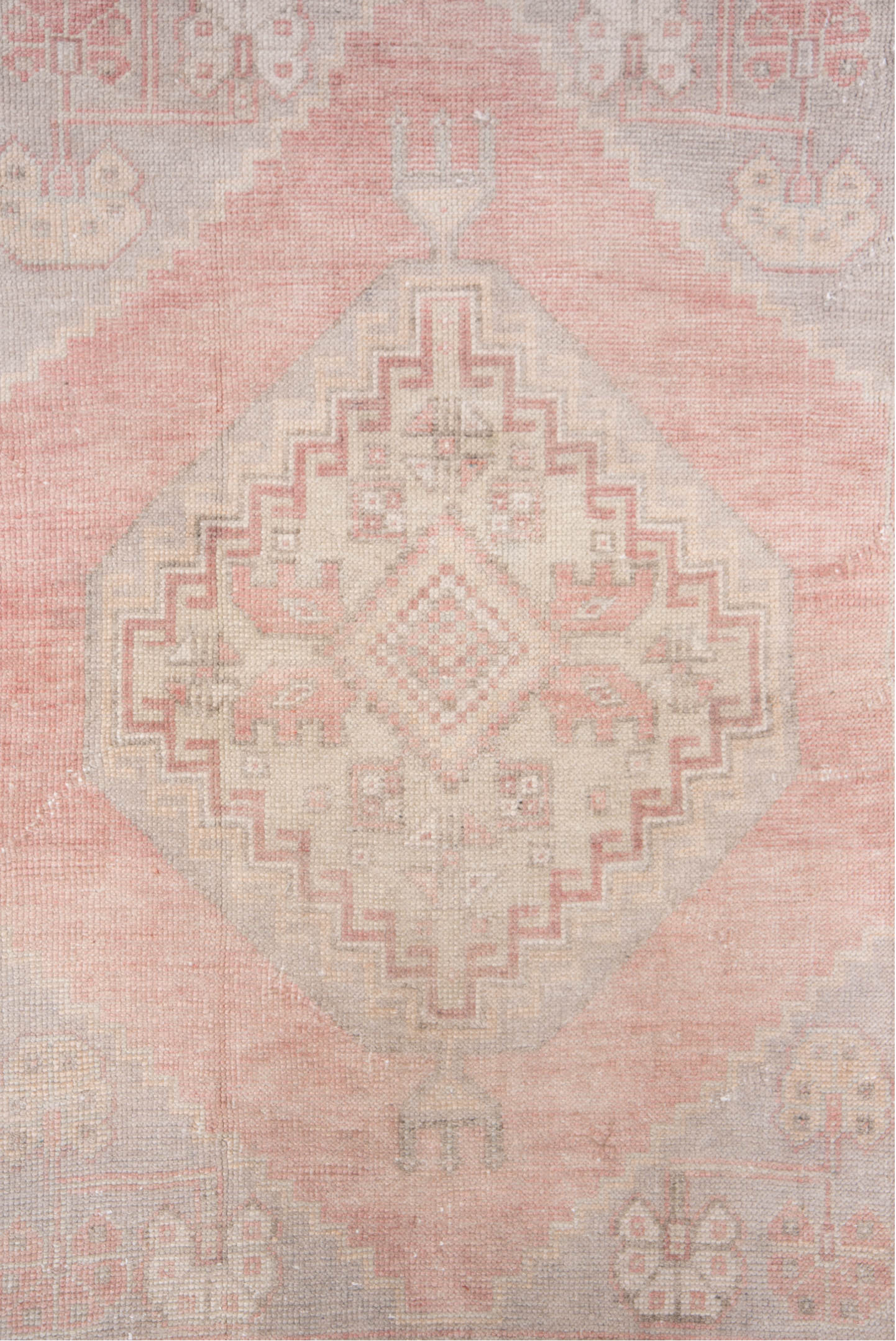 3' x 5' one-of-a-kind handmade vintage Oushak small size rug. Color palette: blush, ivory, taupe, pale rose, beige, sand