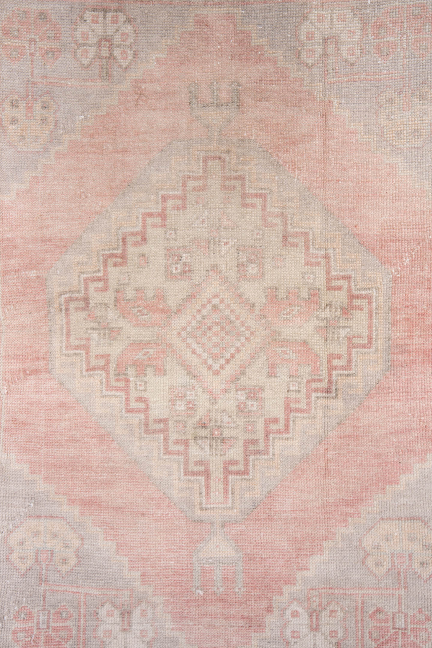 3' x 5' one-of-a-kind handmade vintage Oushak small size rug. Color palette: blush, ivory, taupe, pale rose, beige, sand