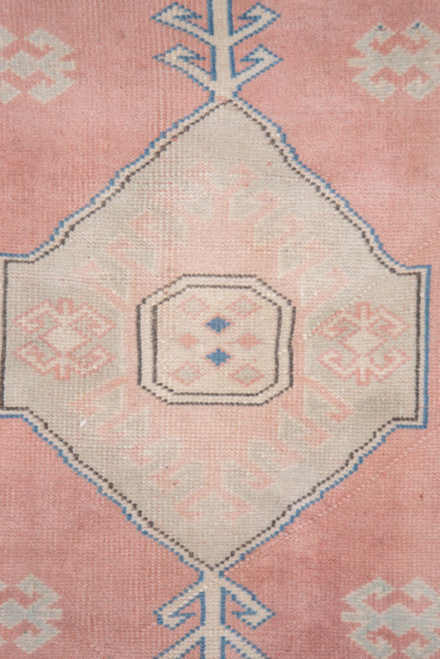 3' x 4' one-of-a-kind handmade vintage Oushak small size rug. Color palette: blush, ivory, pale blue, cream, taupe, pink
