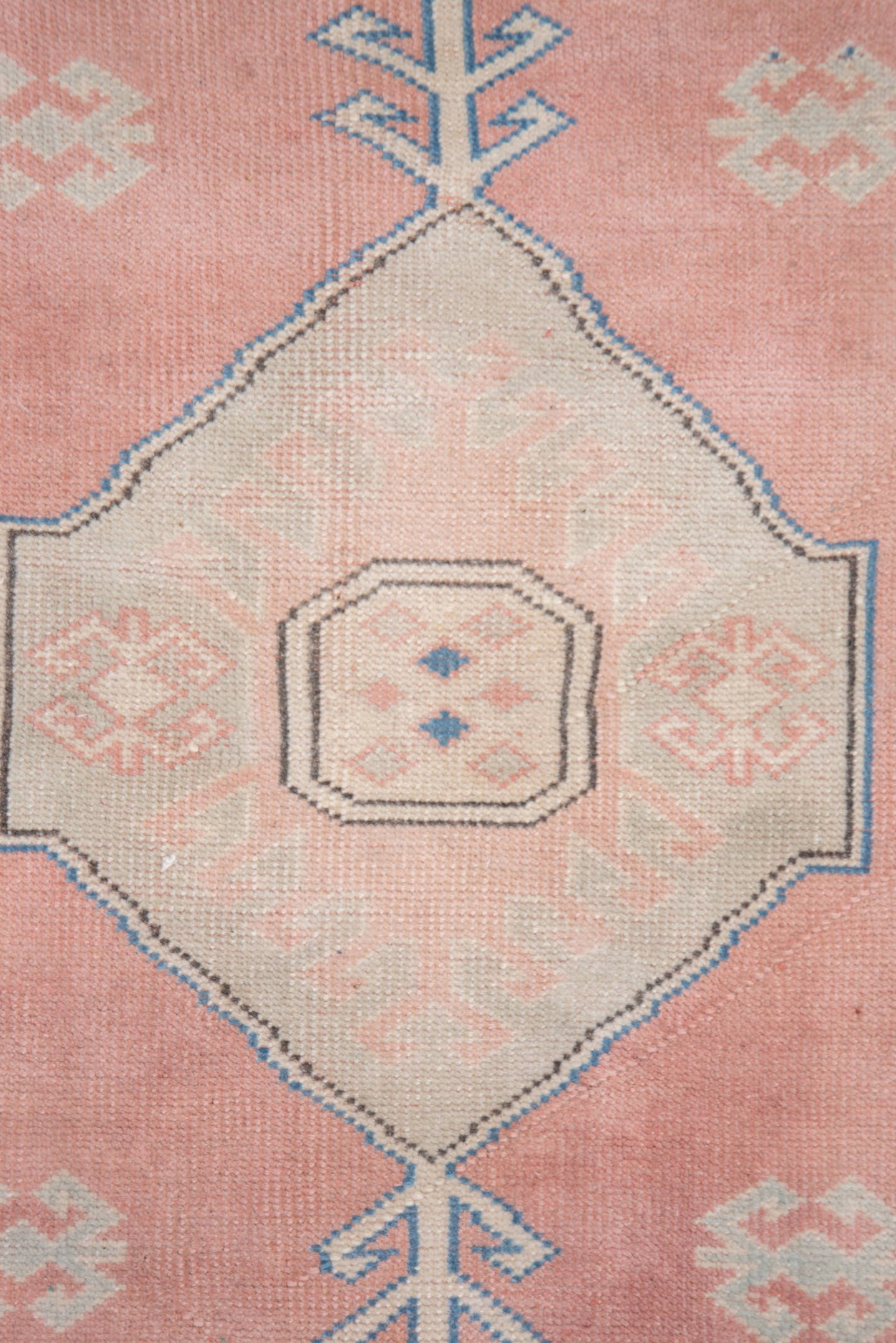 3' x 4' one-of-a-kind handmade vintage Oushak small size rug. Color palette: blush, ivory, pale blue, cream, taupe, pink