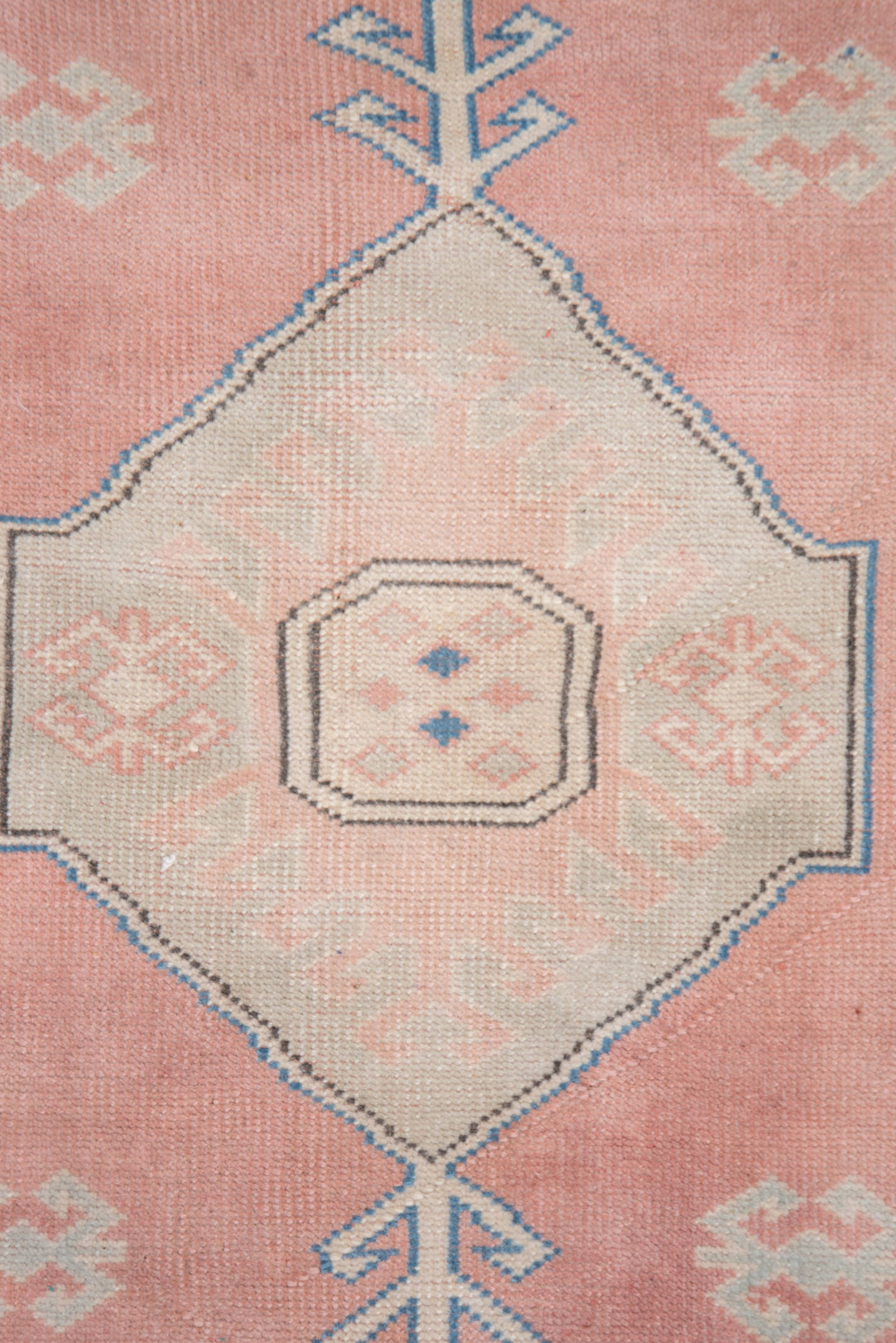 3' x 4' one-of-a-kind handmade vintage Oushak small size rug. Color palette: blush, ivory, pale blue, cream, taupe, pink