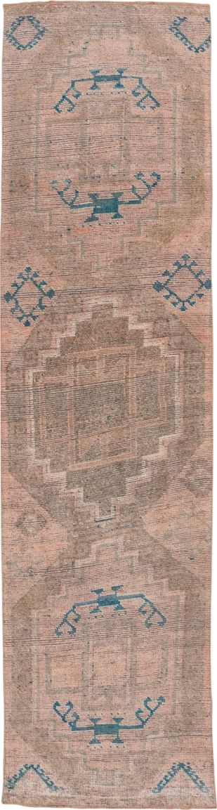 2' x 11' one-of-a-kind handmade vintage Oushak runner rug. Color palette: blue, brown, dim gray, gray, orange, pink