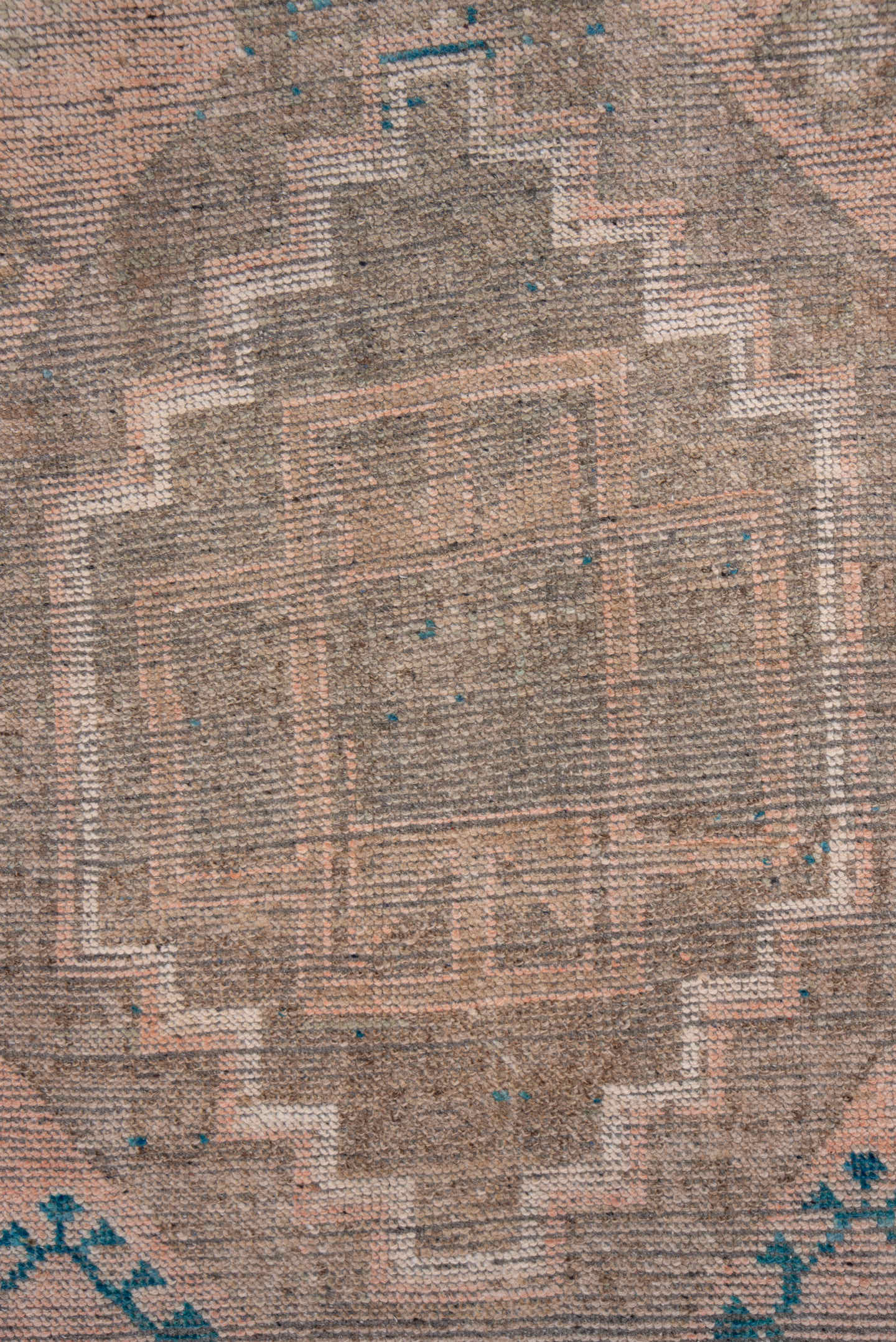 2' x 11' one-of-a-kind handmade vintage Oushak runner rug. Color palette: blush, taupe, teal, beige, ivory, camel, gray