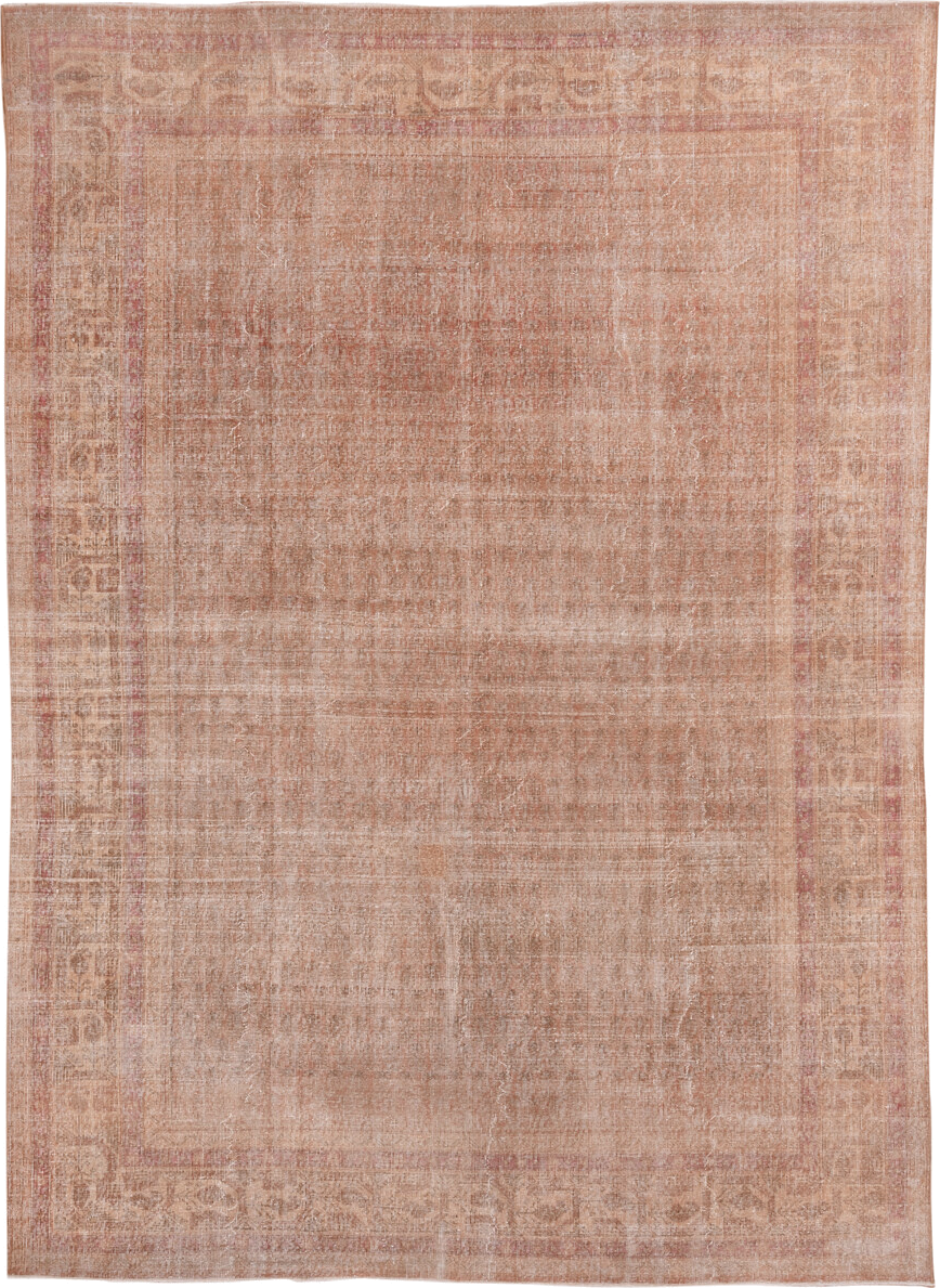 8' x 11' one-of-a-kind handmade vintage Oushak large size rug. Color palette: blush, ivory, rose, taupe, beige, pink, red