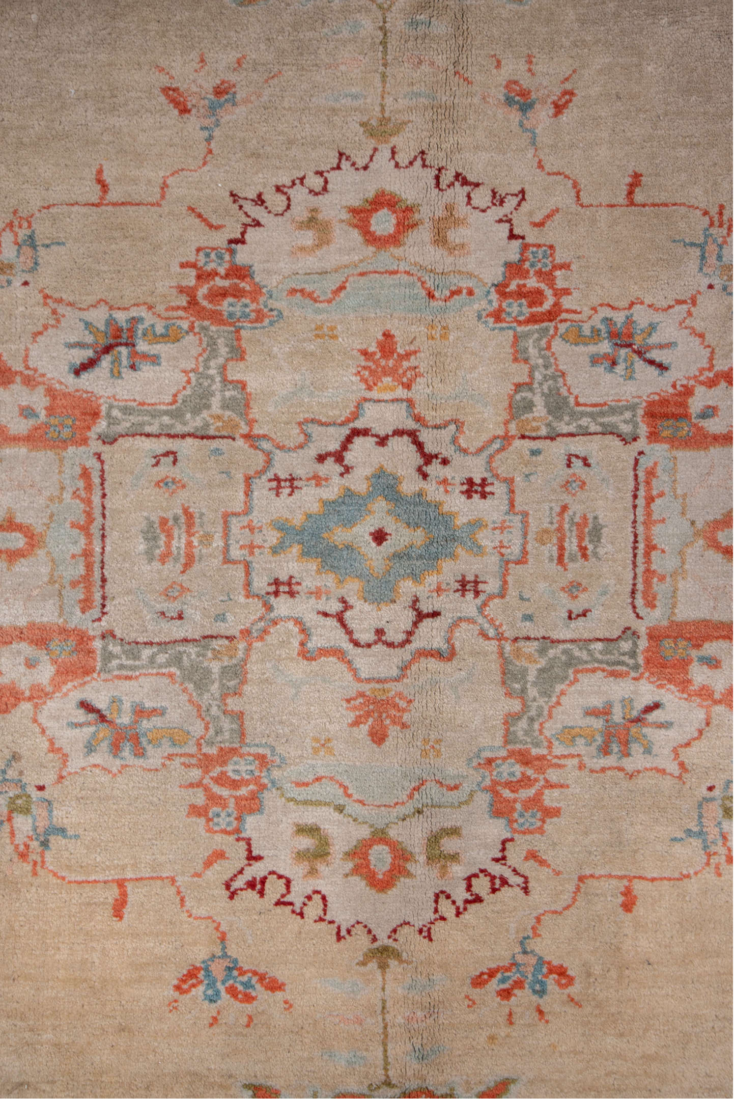 9' x 10' one-of-a-kind handmade vintage Oushak large size rug. Color palette: ivory, coral, beige, sky_blue, gold, taupe