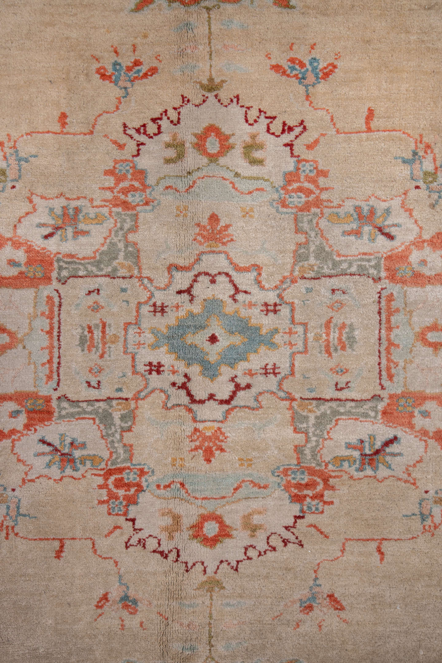 9' x 10' one-of-a-kind handmade vintage Oushak large size rug. Color palette: ivory, coral, beige, sky_blue, gold, taupe