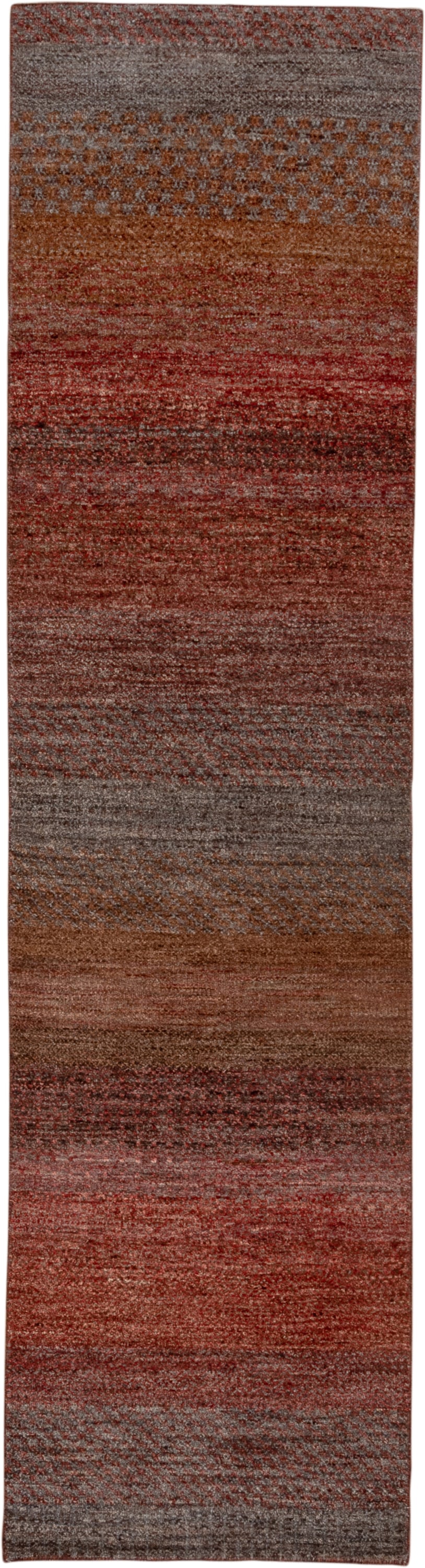 2' x 10' one-of-a-kind handmade vintage Gabbe runner rug. Color palette: rust, brown, taupe, brick, charcoal, terra cotta