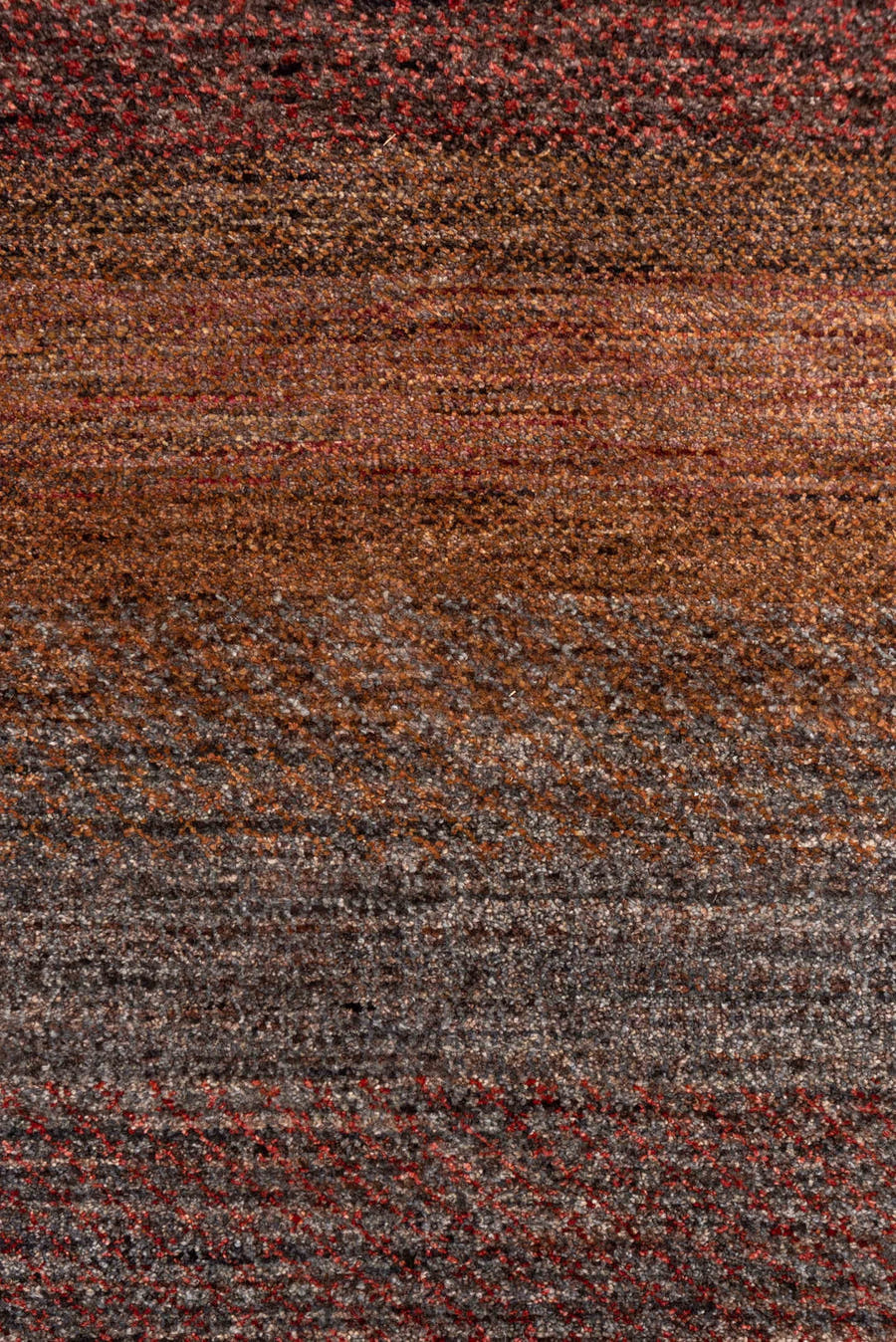 2' x 10' one-of-a-kind handmade vintage Gabbe runner rug. Color palette: rust, brown, taupe, brick, charcoal, terra cotta