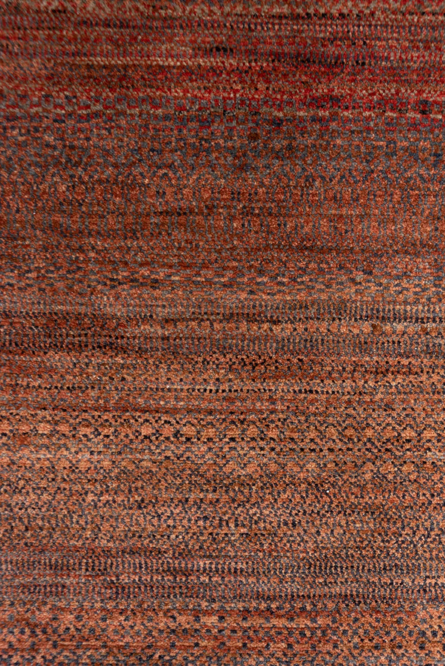 2' x 10' one-of-a-kind handmade vintage Gabbe runner rug. Color palette: rust, brown, terra cotta, mahogany, taupe, charcoal
