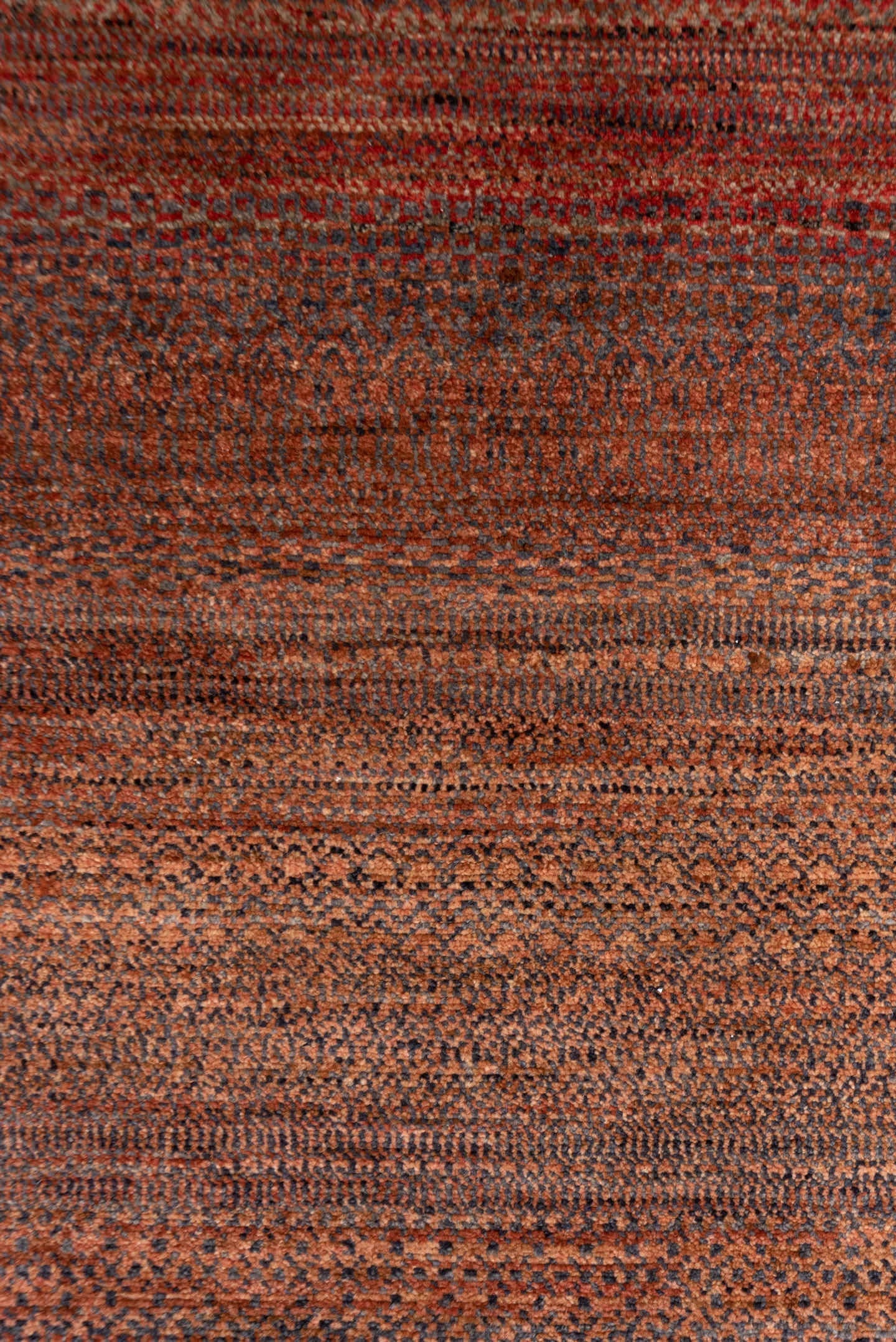 2' x 10' one-of-a-kind handmade vintage Gabbe runner rug. Color palette: rust, brown, terra cotta, mahogany, taupe, charcoal