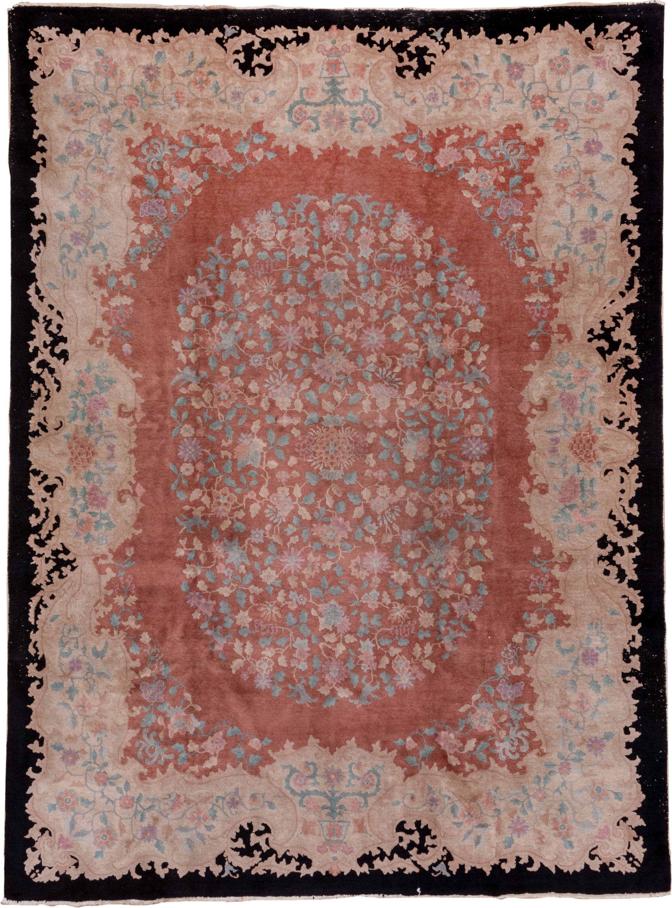 8' x 10' one-of-a-kind handmade vintage Chinese large size rug. Color palette: rose, ivory, charcoal, sky blue, blush, taupe