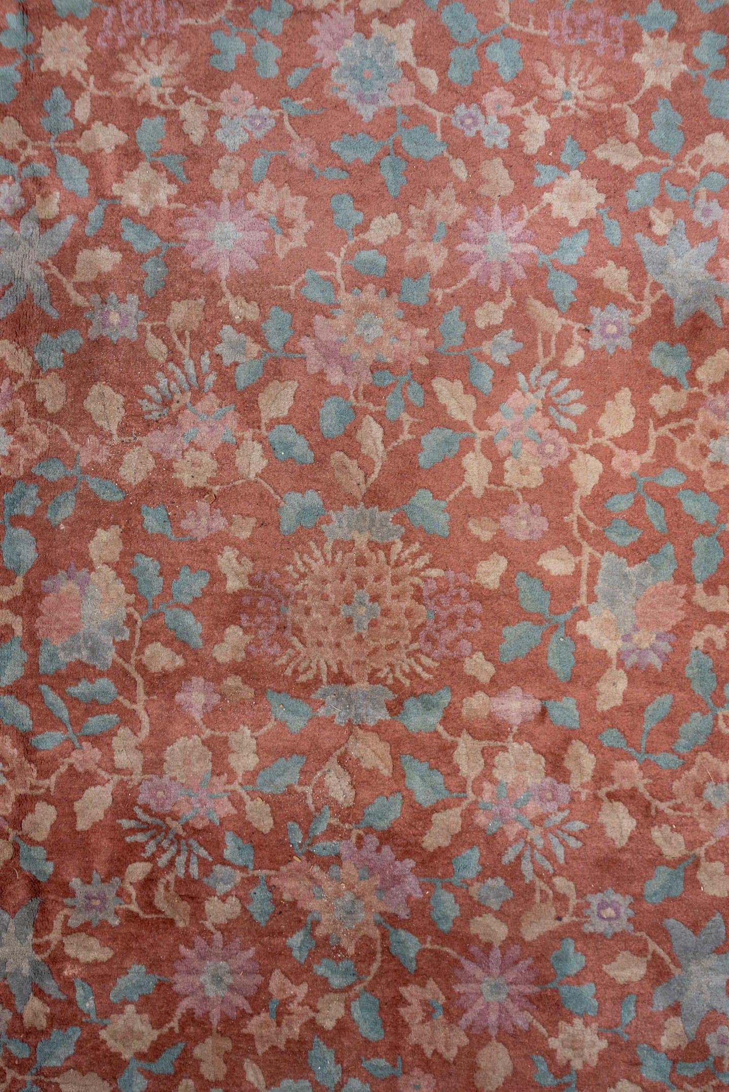 8' x 10' one-of-a-kind handmade vintage Chinese large size rug. Color palette: rose, ivory, charcoal, sky blue, blush, taupe