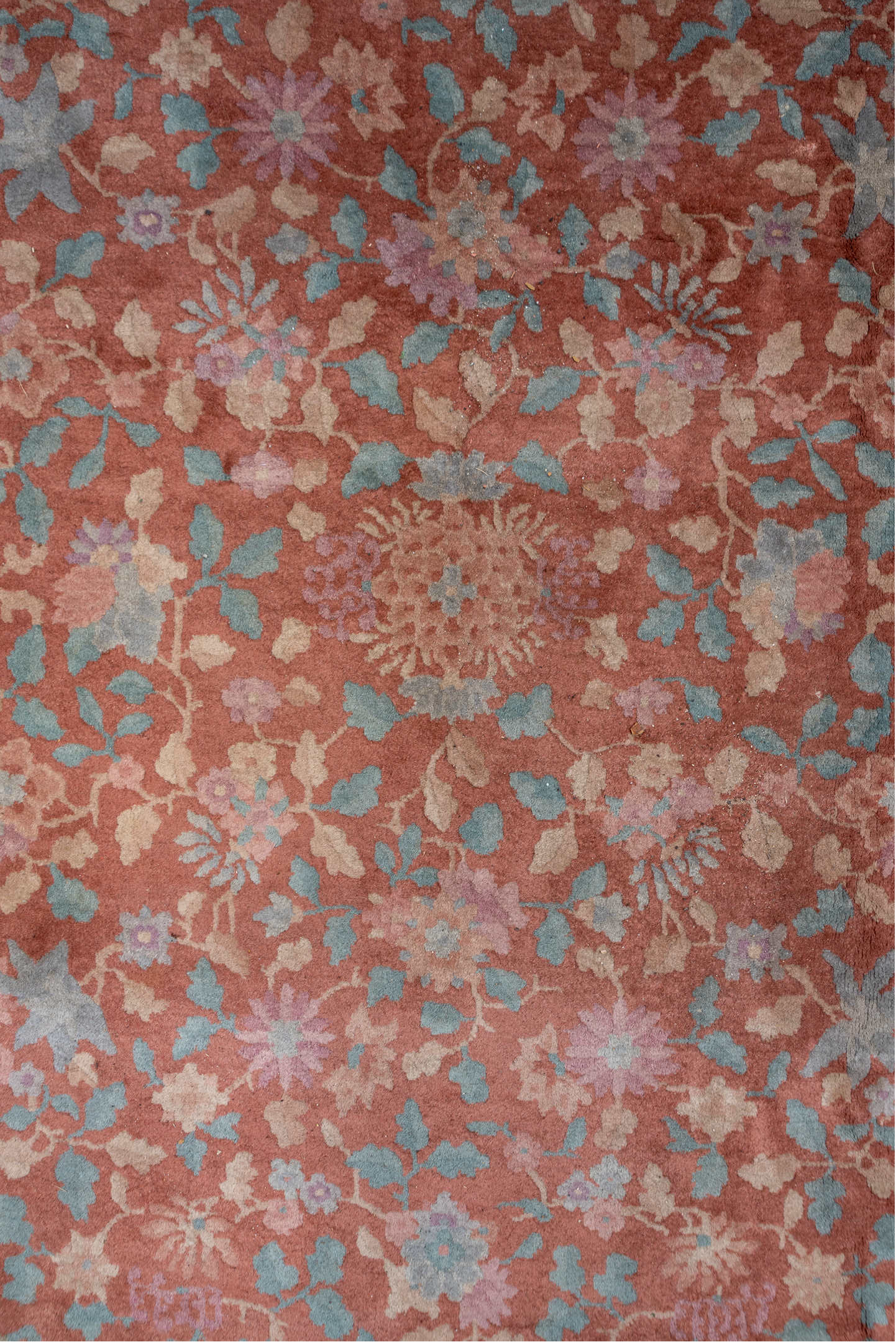 8' x 10' one-of-a-kind handmade vintage Chinese large size rug. Color palette: rose, ivory, charcoal, sky blue, blush, taupe