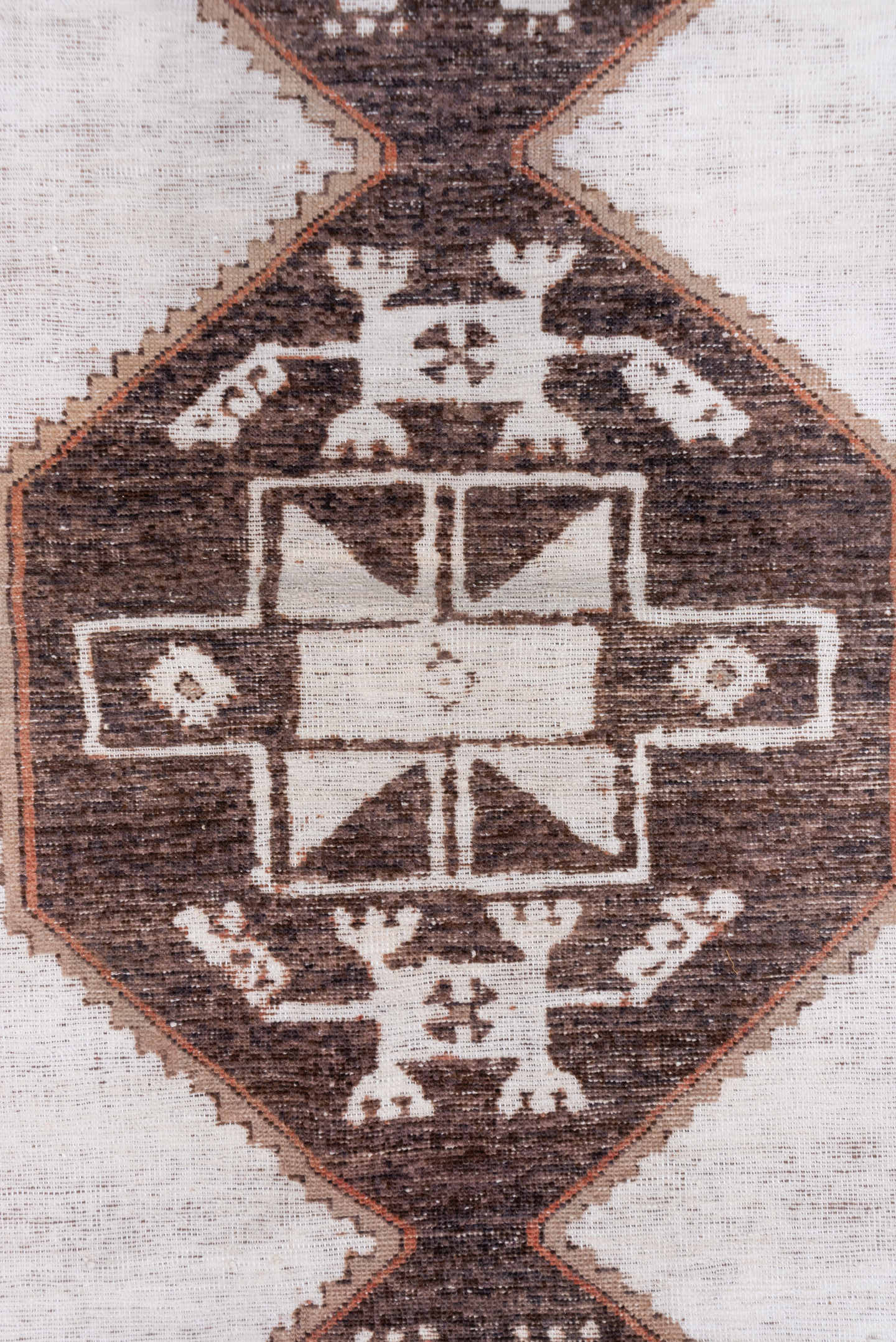 3' x 11' one-of-a-kind handmade vintage Oushak runner rug. Color palette: ivory, brown, taupe, rose, beige, gray, pink, red