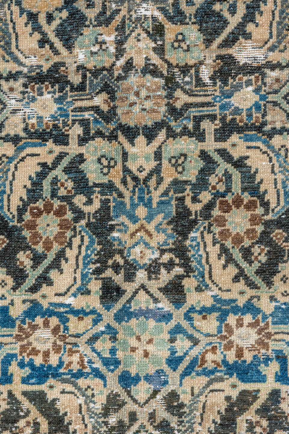 4' x 8' one-of-a-kind handmade vintage Malayer rug. Color palette: ivory, sky blue, charcoal, brown, taupe, cream