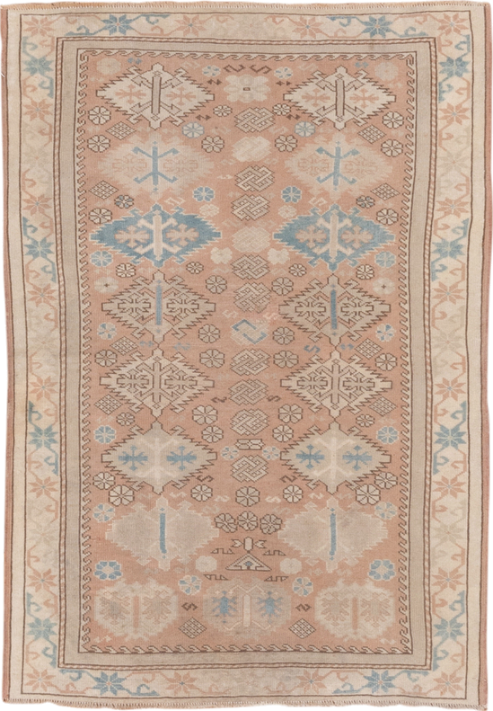 3' x 4' one-of-a-kind handmade vintage Oushak small size rug. Color palette: blush, ivory, pale blue, cream, taupe, camel