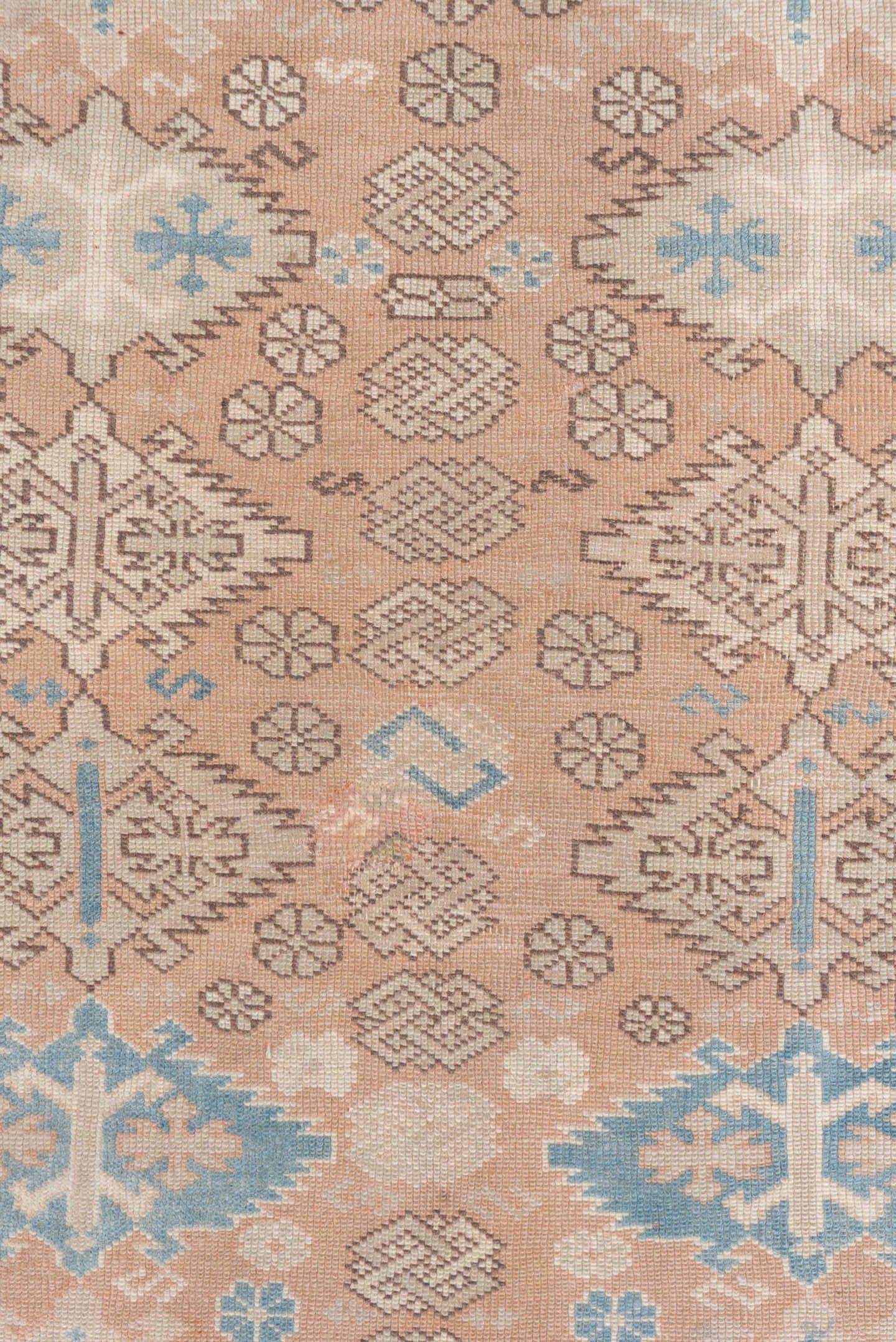 3' x 4' one-of-a-kind handmade vintage Oushak small size rug. Color palette: blush, ivory, pale blue, cream, taupe, camel