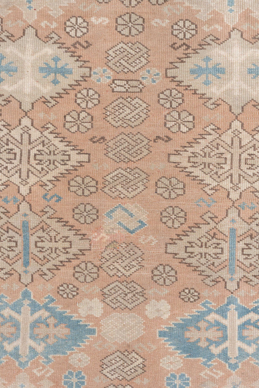 3' x 4' one-of-a-kind handmade vintage Oushak small size rug. Color palette: blush, ivory, pale blue, cream, taupe, camel