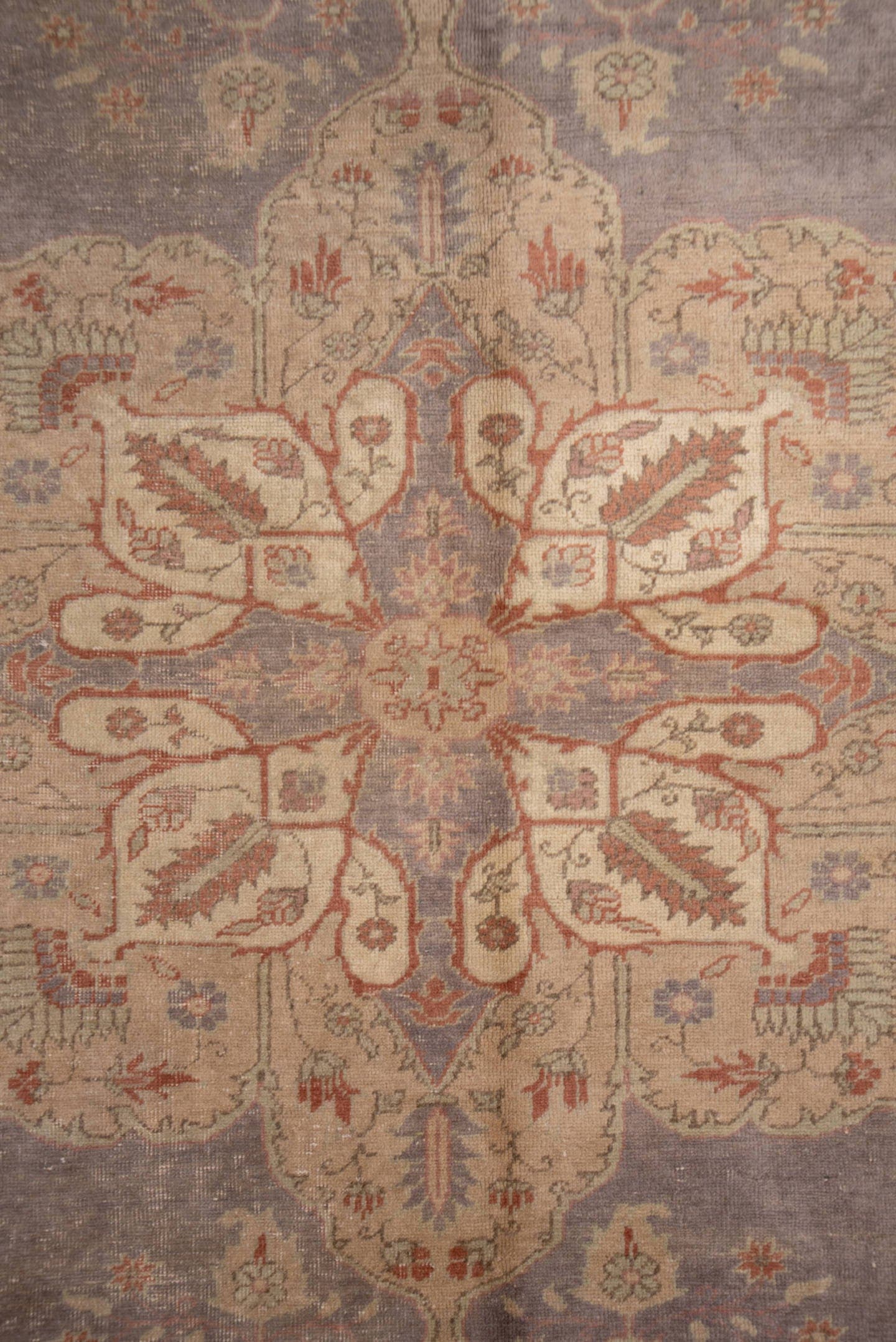 8' x 11' one-of-a-kind handmade vintage Oushak large size rug. Color palette: rose, lavender, ivory, taupe, terra cotta