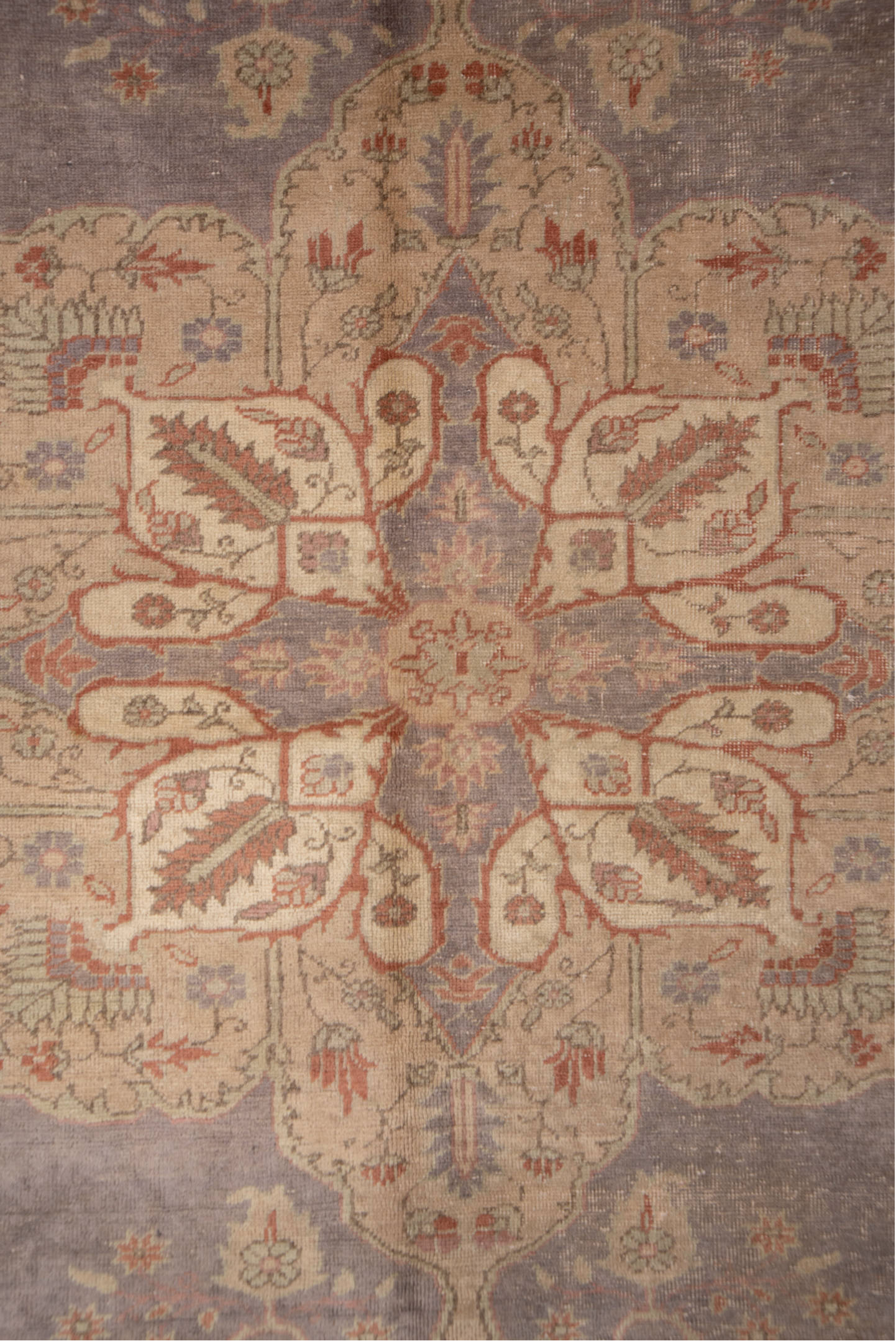 8' x 11' one-of-a-kind handmade vintage Oushak large size rug. Color palette: rose, lavender, ivory, taupe, terra cotta