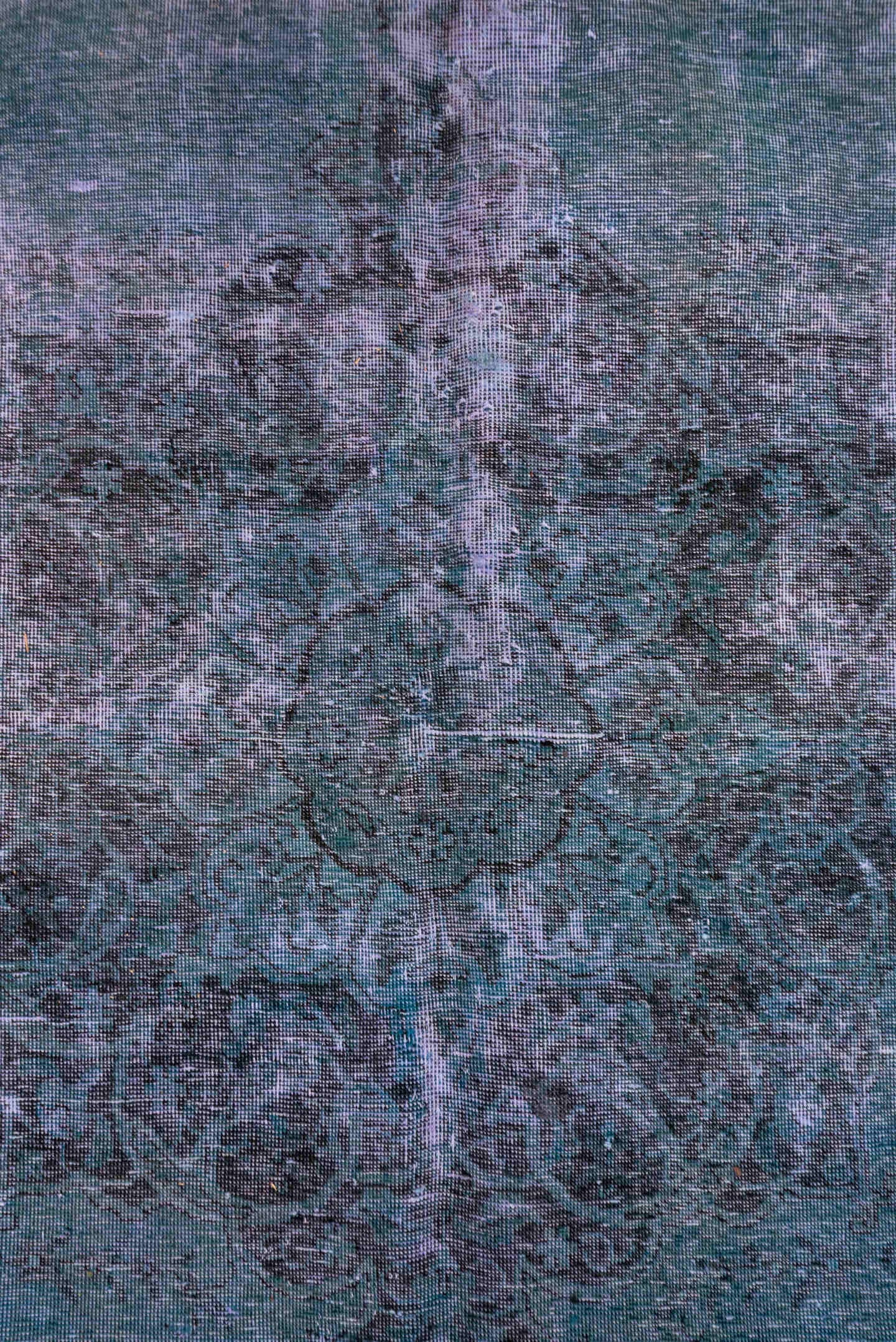 9' x 12' one-of-a-kind handmade vintage Overdyed large size rug. Color palette: blue, teal, slate, indigo, charcoal