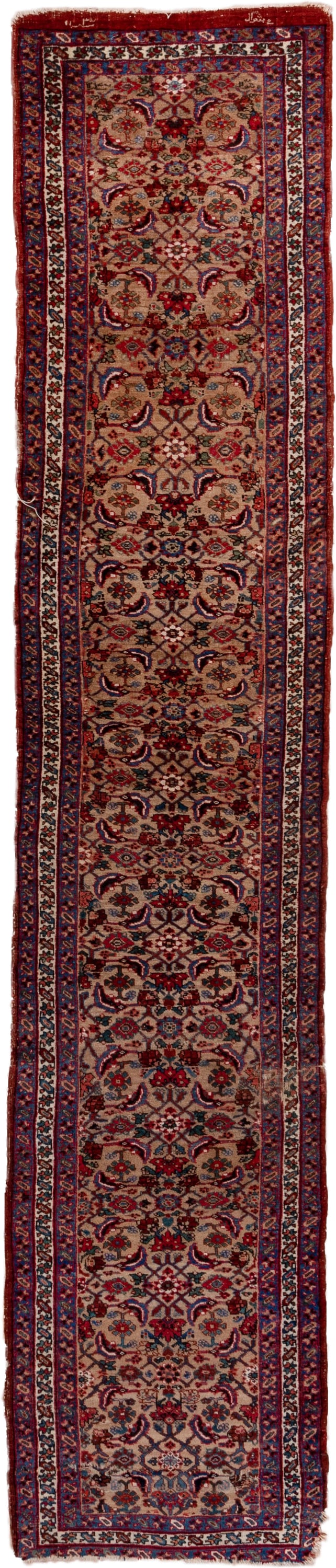 3' x 14' one-of-a-kind handmade vintage Sarab runner rug. Color palette: ivory, navy, rust, crimson, sky_blue, brown, blue