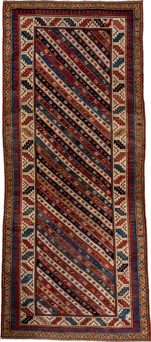 4' x 9' one-of-a-kind handmade vintage Kazak runner rug. Color palette: arapawa, black, blue, brown, gray, orange, red, tan