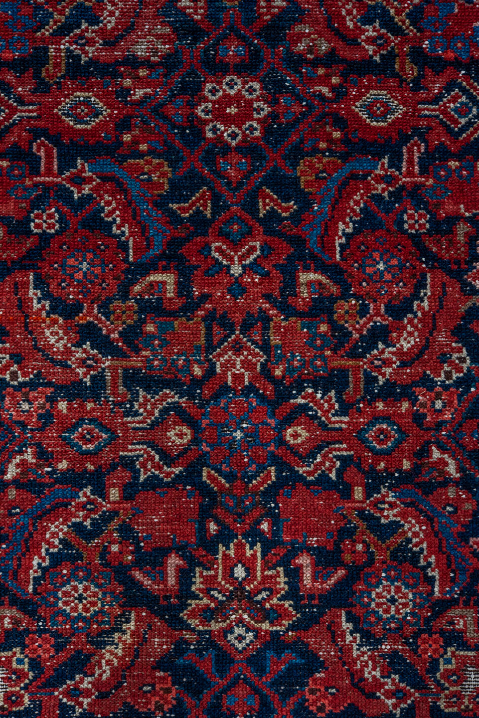 3' x 16' one-of-a-kind handmade vintage Malayer runner rug. Color palette: black, blue, brown, gray, pink, red, redwood