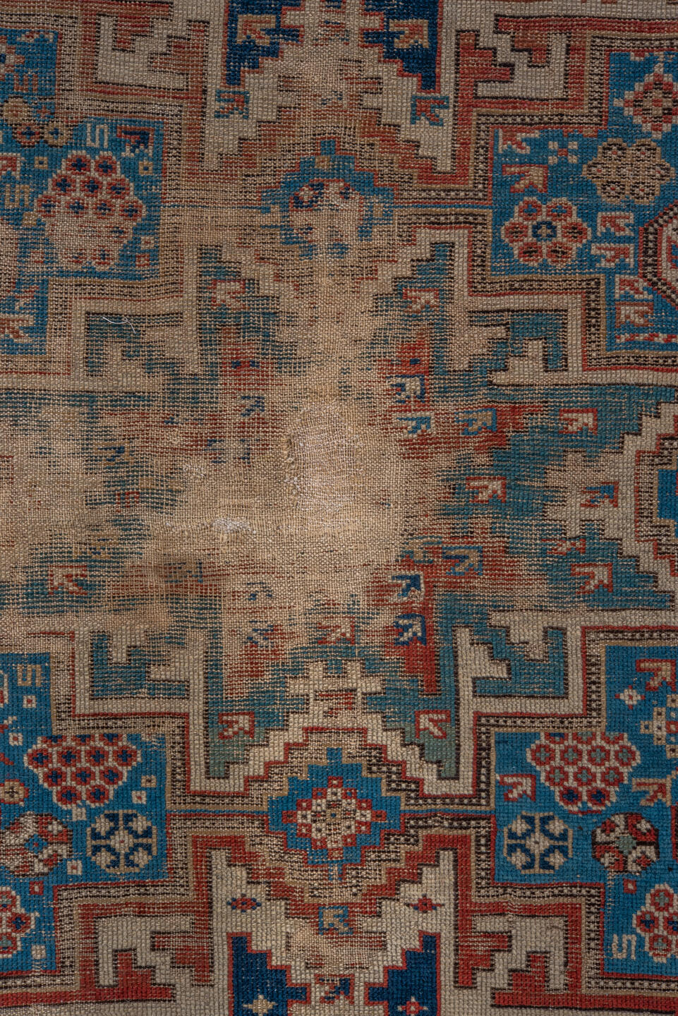 3' x 4' one-of-a-kind handmade vintage Shirvan small size rug. Color palette: ivory, turquoise, rust, navy, taupe, brown