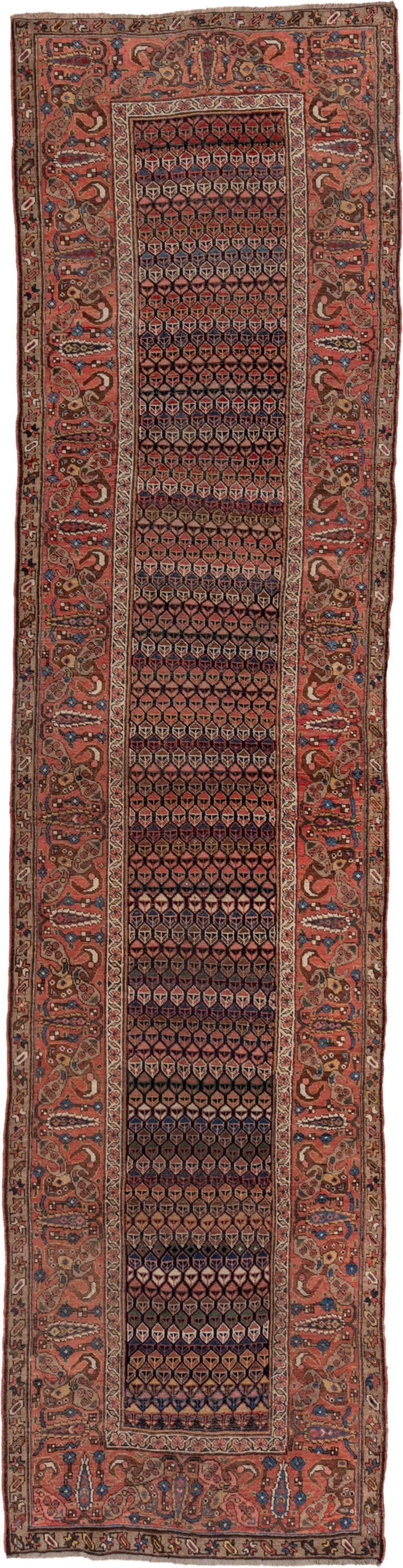 3' x 14' one-of-a-kind handmade antique Bidjar runner rug. Color palette: rust, brown, indigo, ivory, camel, navy