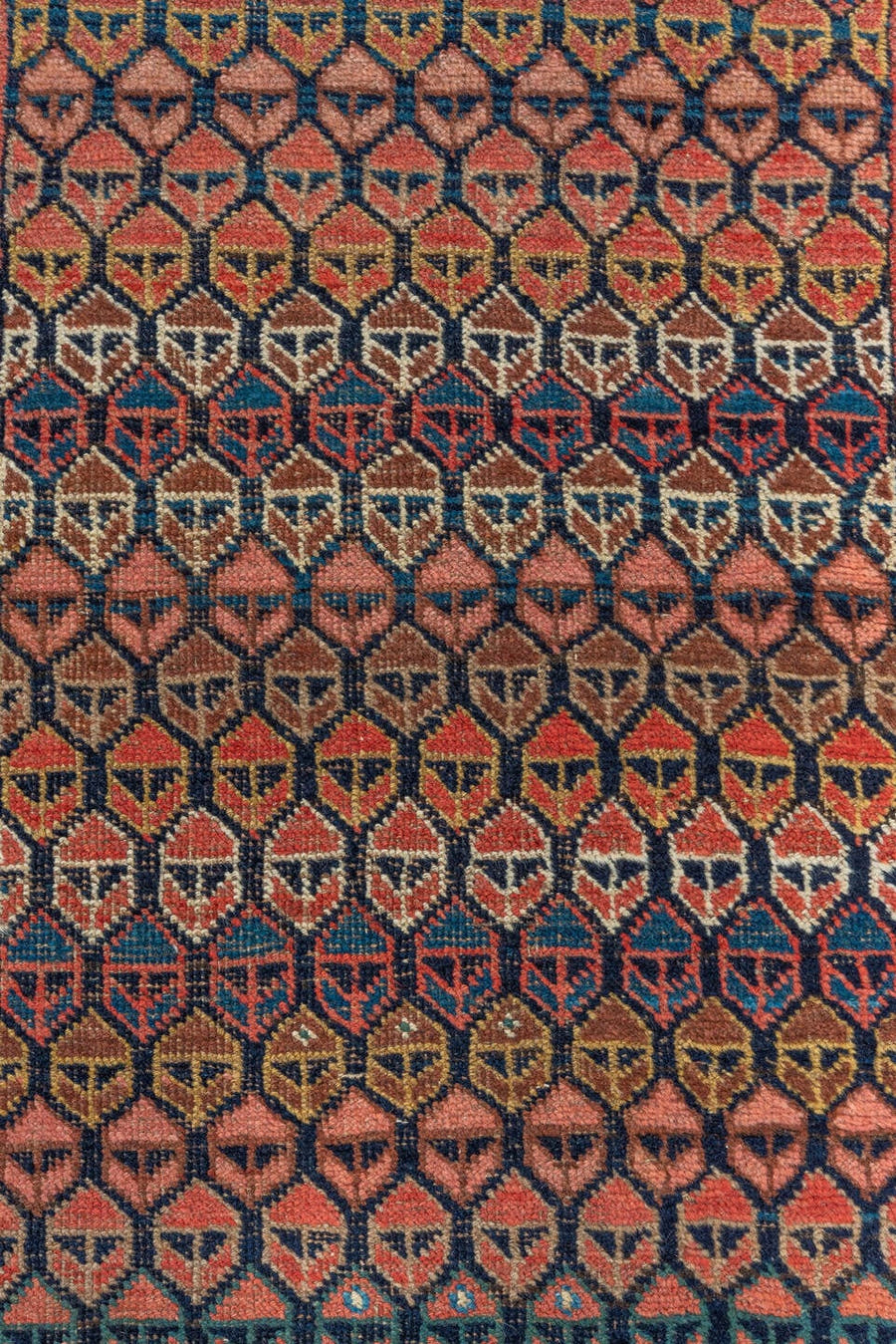 3' x 14' one-of-a-kind handmade antique Bidjar runner rug. Color palette: rust, brown, indigo, ivory, camel, navy