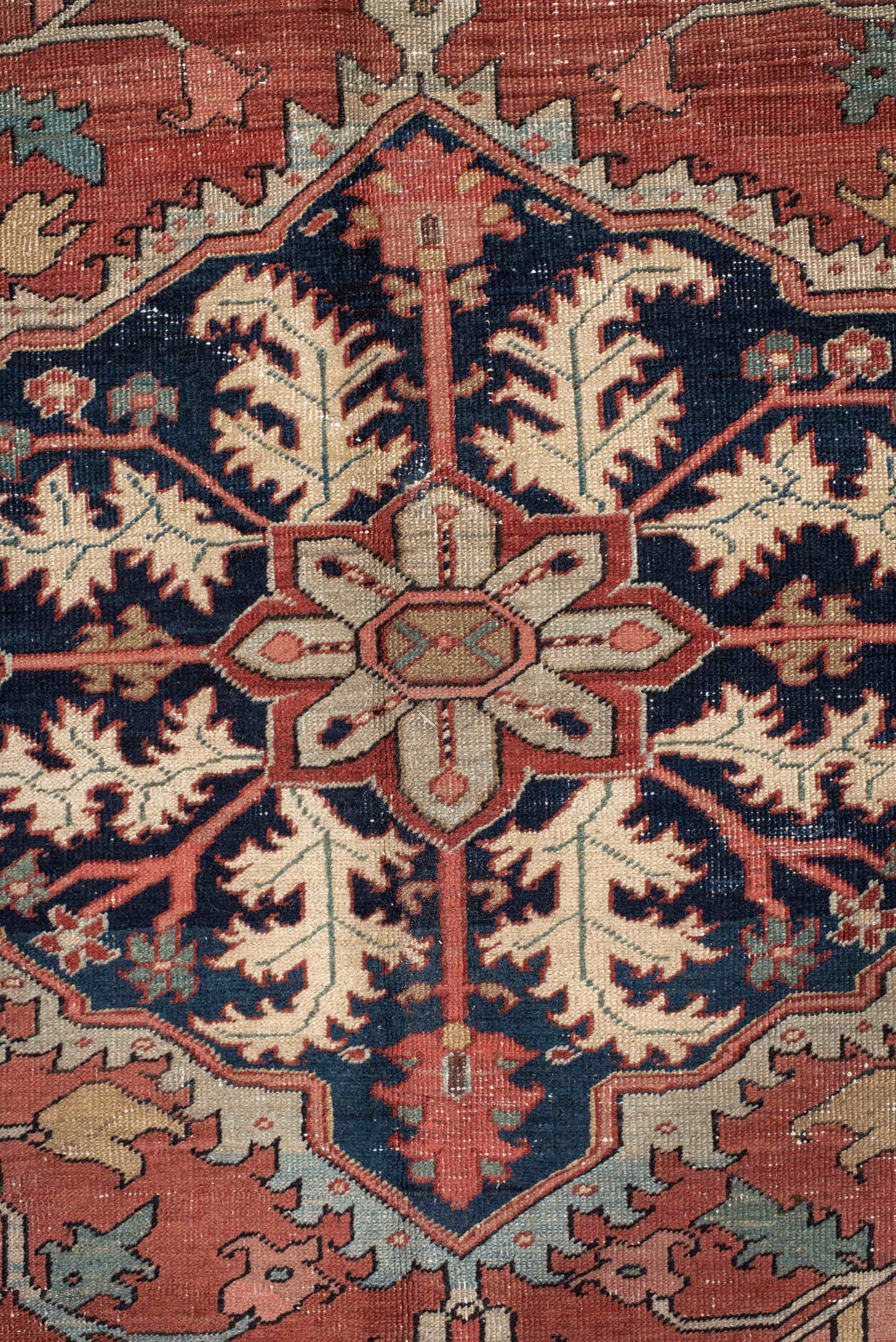 8' x 11' one-of-a-kind handmade vintage Serapi large size rug. Color palette: rust, navy, ivory, sage, camel, slate, rose