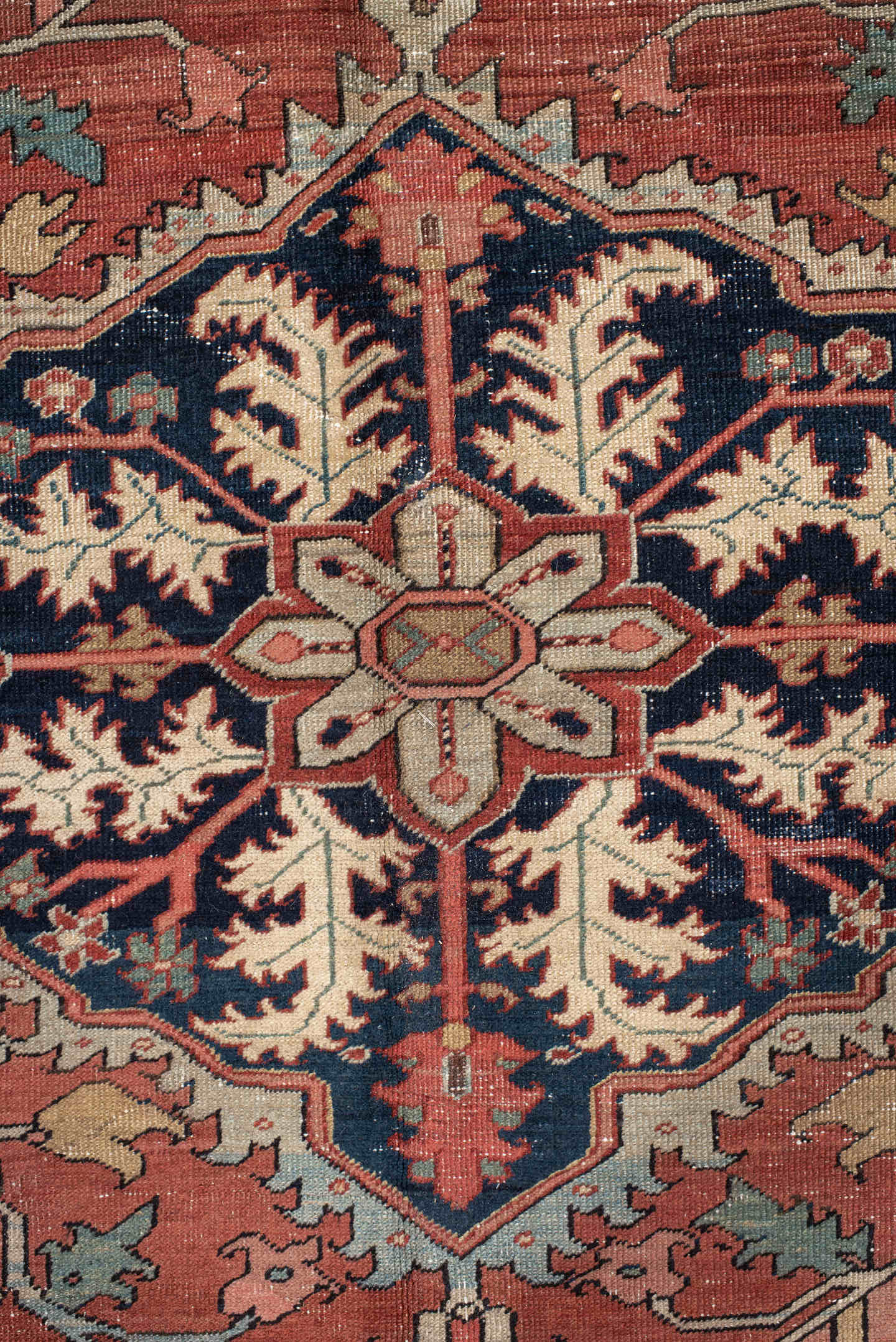 8' x 11' one-of-a-kind handmade vintage Serapi large size rug. Color palette: rust, navy, ivory, sage, camel, slate, rose