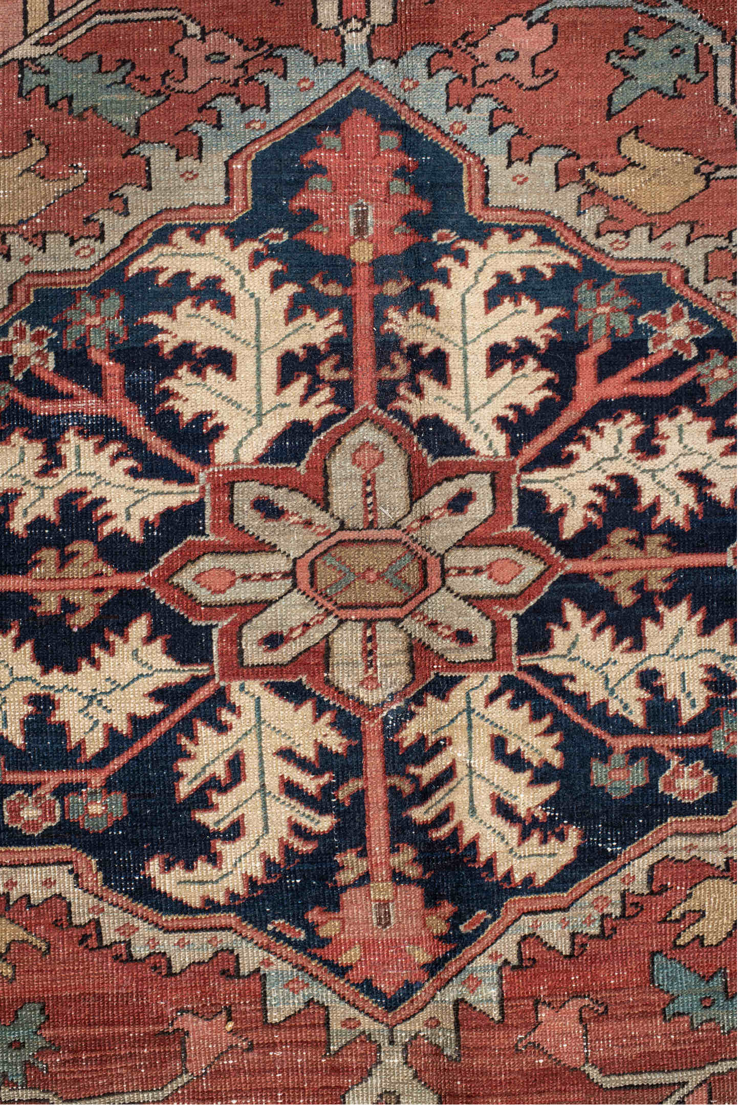 8' x 11' one-of-a-kind handmade vintage Serapi large size rug. Color palette: arapawa, blue, brown, gray, pink, red, redwood