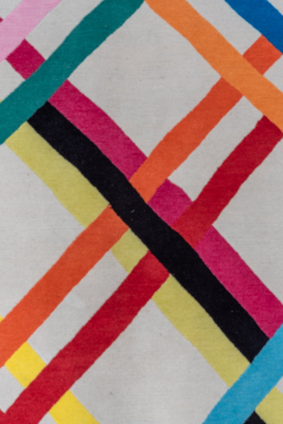 6' x 9' one-of-a-kind handmade handmade Modern medium size rug. Color palette: ivory, pink, yellow, sky blue, teal, navy