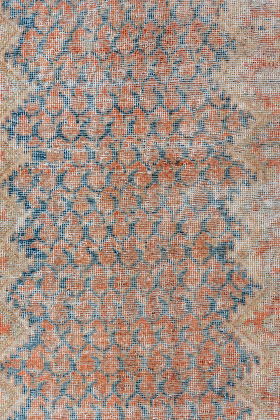3' x 13' one-of-a-kind handmade vintage Mahal runner rug. Color palette: sky blue, ivory, coral, rust, peach, taupe