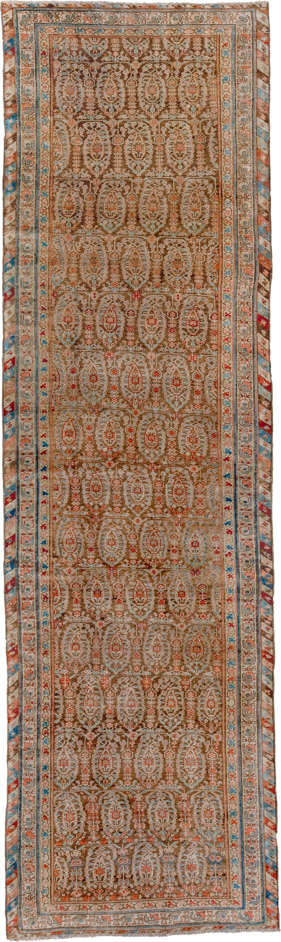 3' x 11' one-of-a-kind handmade vintage Malayer runner rug. Color palette: camel, ivory, sky blue, rust, terra cotta, brown