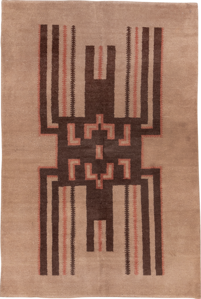 5' x 8' one-of-a-kind handmade vintage Art Deco medium size rug. Color palette: brown, gray, light gray, off-white, pink
