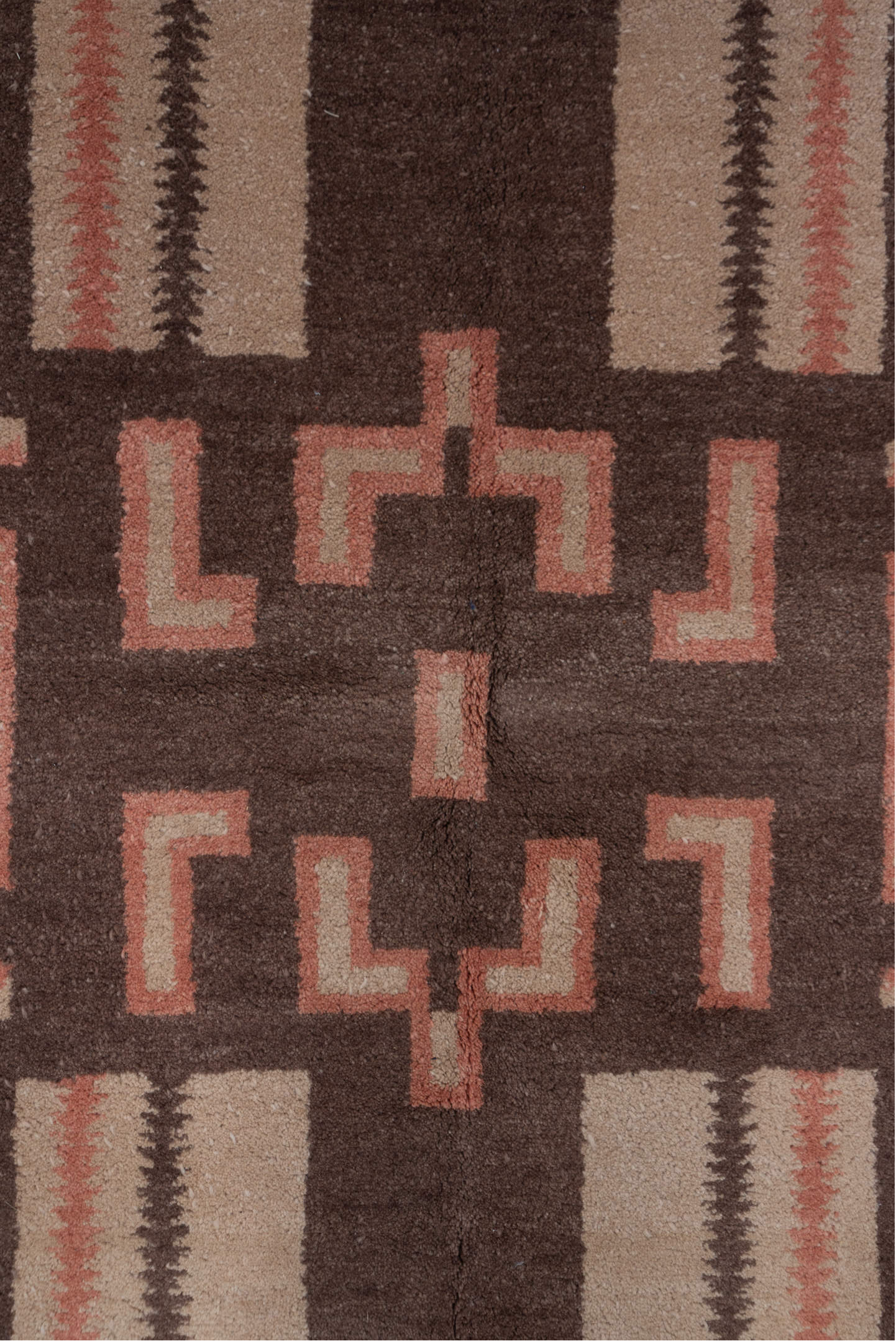 5' x 8' one-of-a-kind handmade vintage Art Deco medium size rug. Color palette: brown, gray, light gray, off-white, pink
