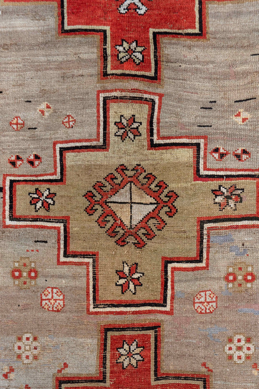 3' x 7' one-of-a-kind handmade vintage Shirvan runner rug. Color palette: taupe, rust, ivory, indigo, crimson, charcoal