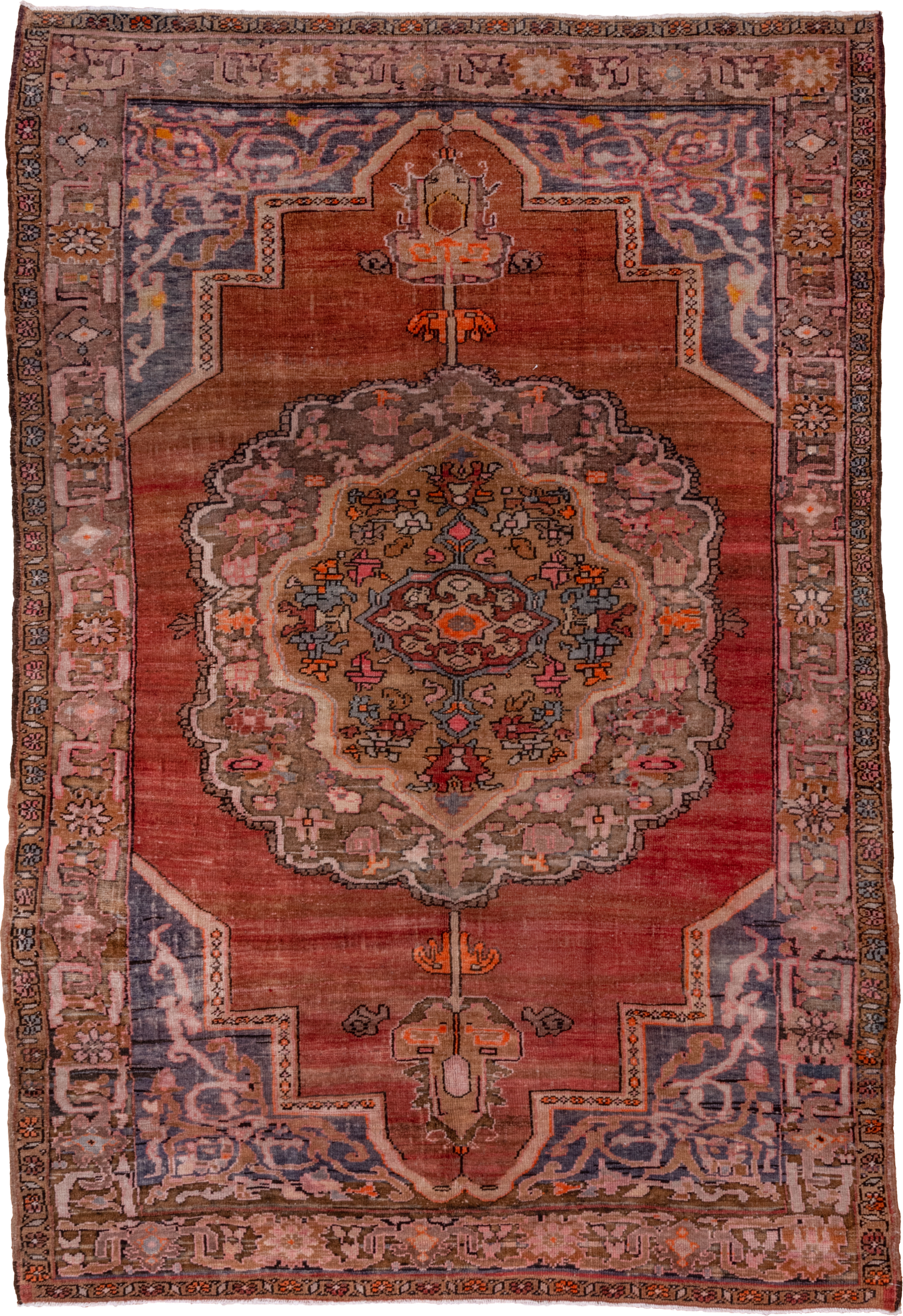 7' x 11' one-of-a-kind handmade vintage Kars large size rug. Color palette: rose, terra cotta, taupe, slate, ivory, rust