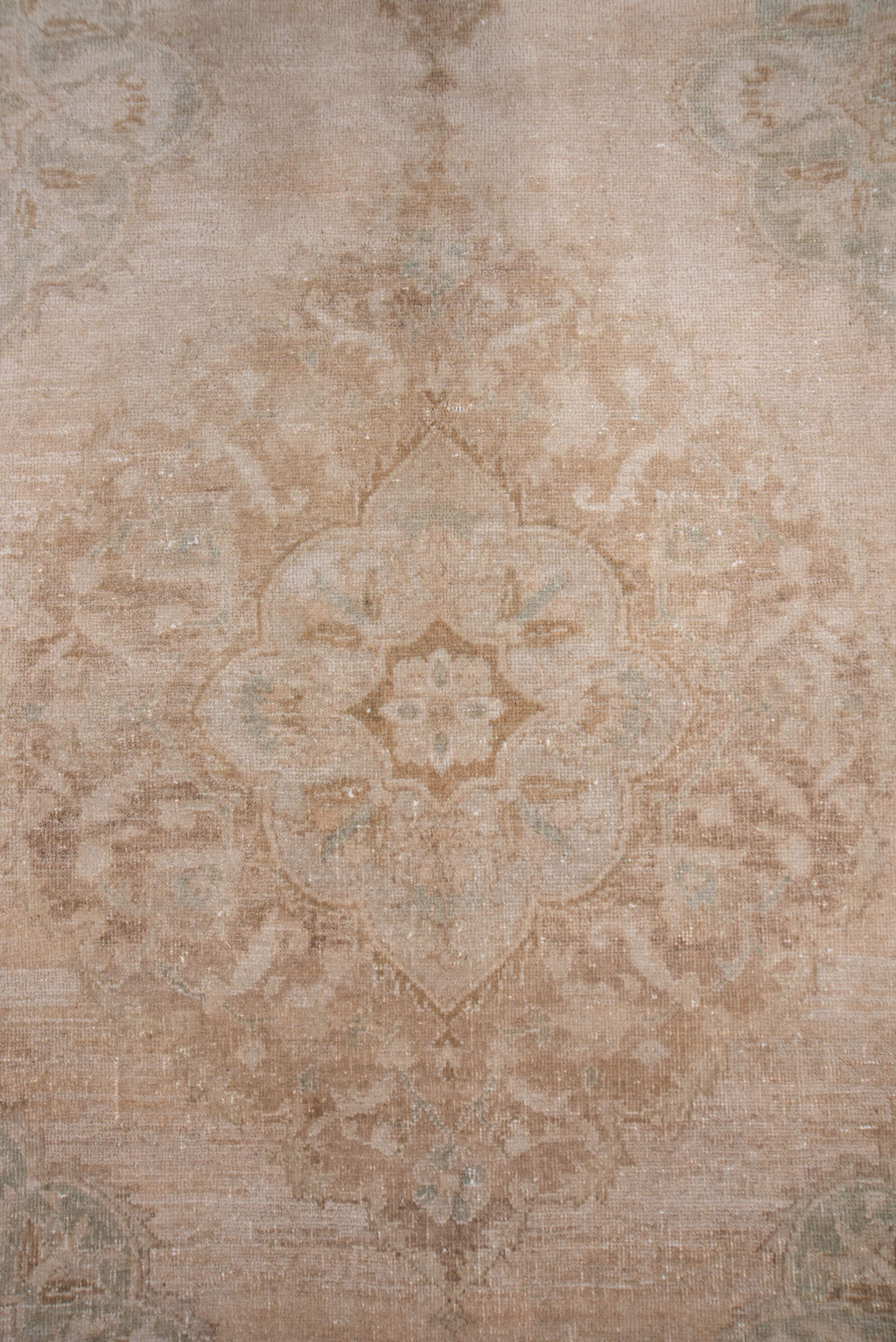 5' x 13' one-of-a-kind handmade vintage Oushak rug. Color palette: blush, beige, taupe, ivory, sage, sand, pink, gray, green